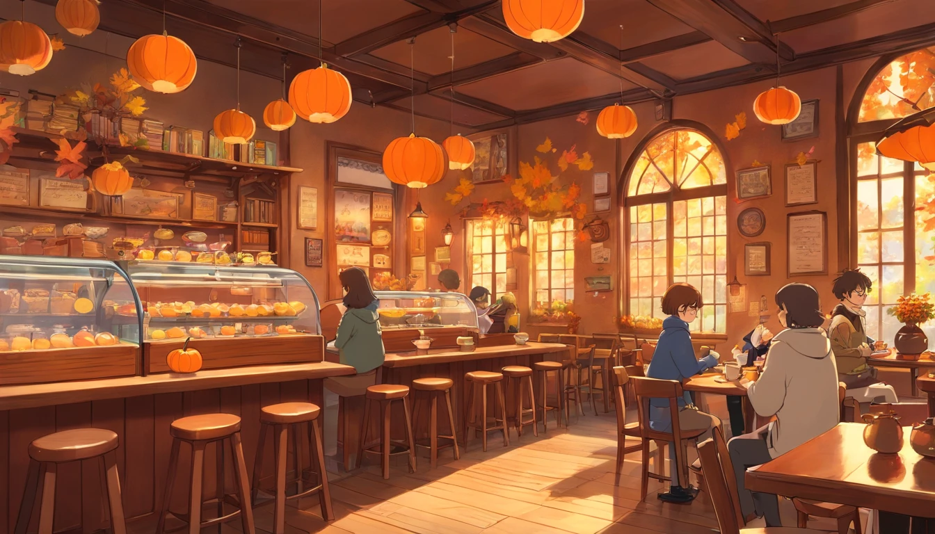 A cozy autumn cafe interior with warm lighting, pumpkin spice lattes, and people reading books or working on laptops.