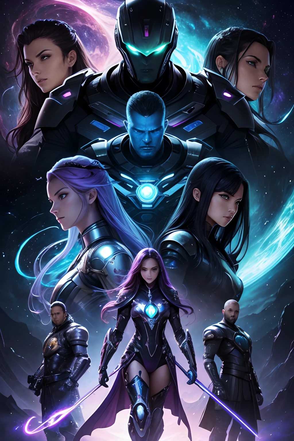 Create an image of six characters that depicts Alex(male), with his sleek futuristic armor and determined expression, Seraphina(alien) with her flowing mystical robes and wise demeanor, Gorgon(monster) with his hulking robotic frame and piercing eyes, X-9(android robot) in her high-tech exosuit, Zara(alien) with her ethereal and otherworldly features, and Captain Orion(monster), the charismatic leader with a commanding presence. They are all standing together in a cosmic landscape with swirling galaxies and celestial bodies. The team is portrayed in an intense and vibrant lighting with a cosmic glow, ready for their epic journey. The color scheme should consist of deep blues and purples with cosmic hues, capturing the sense of unity, determination, and diversity among the team as they embark on their quest to restore balance to the realms.