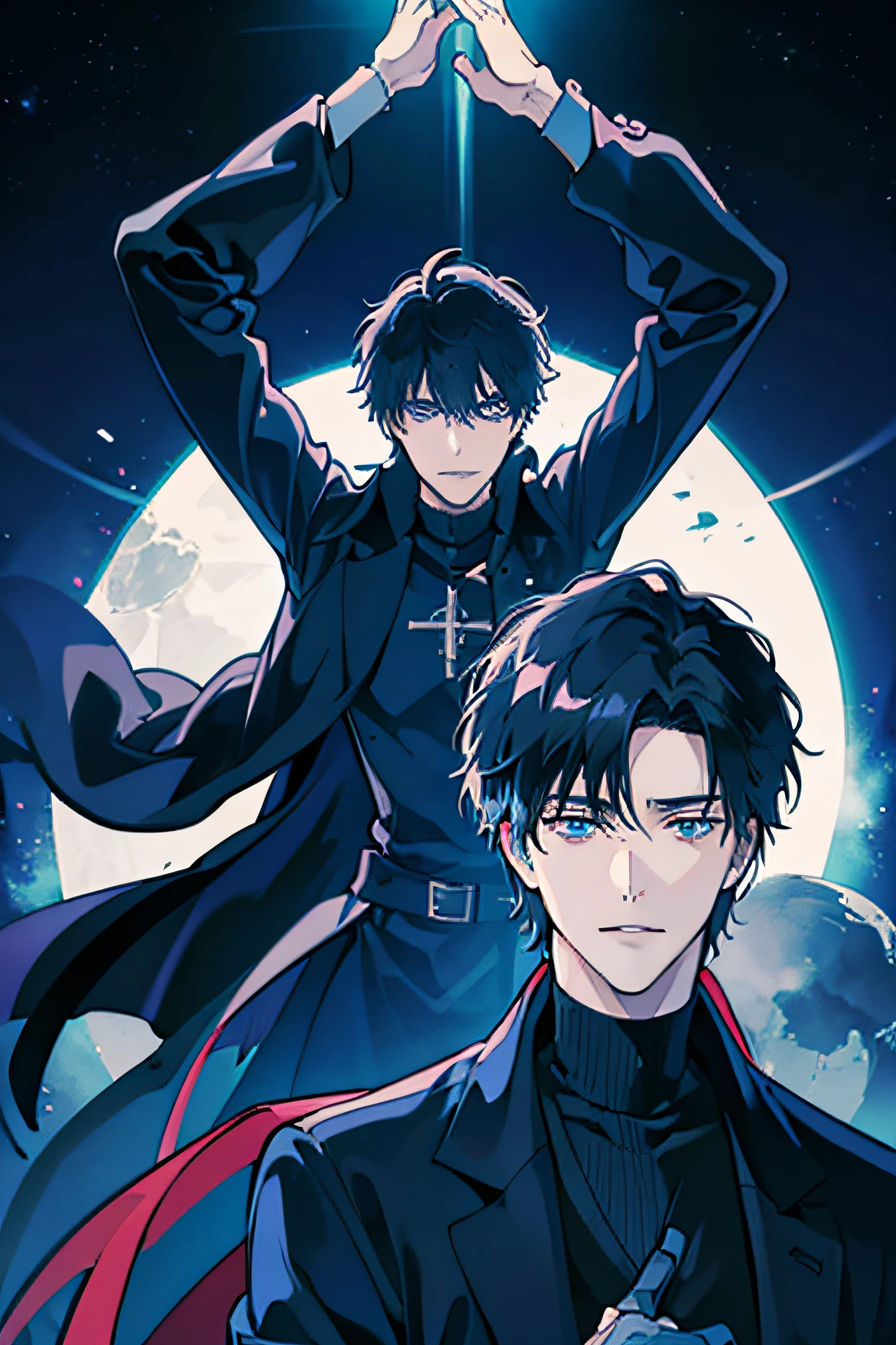 Anime boy with black hair and blue eyes in a black turtleneck sweater and black trench coat smiling smugly as he opens his arms with the outer space in the background