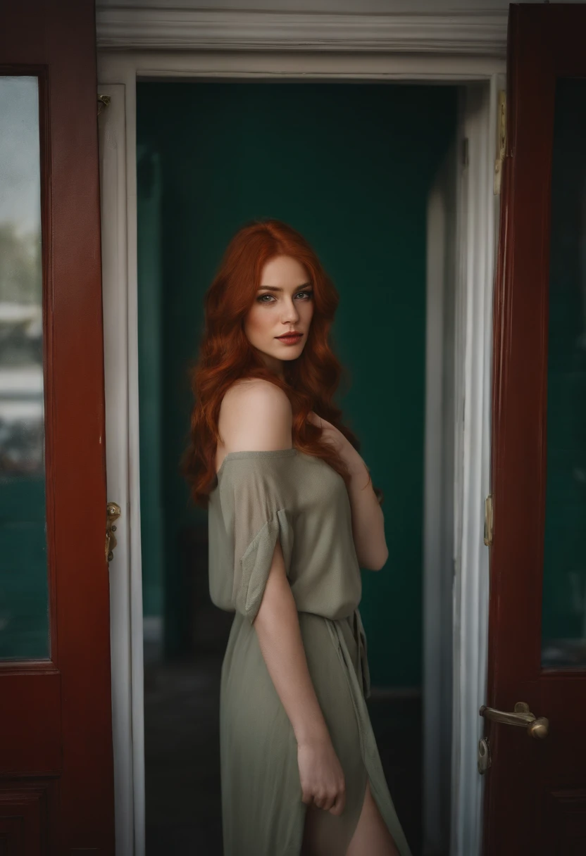 professionnel, (Photo 4k:1.1) par (Jeremy Lipking:0.3), (Dittmann Anna:0.3), (jiner:0.3), (mise au point nette:1.3), High detail, Porter (Chemise moulante:1.2), beautifull detailed face, A pretty woman with long red hair looks at the camera, resembling actress Katherine McNamara, Panasonic Lumix S Pro 50mm F/1.4, Anne Stokes, splash of color, dark orange and dark emerald, Ferrania P30, photo realist, (attractive young woman:1.3), (Seductive:1.1), (rougissant:1.1), Forme du corps du sablier, gros seins ronds, hanches larges, dans le club de fond, Prendre un Selfie, Porter un pull