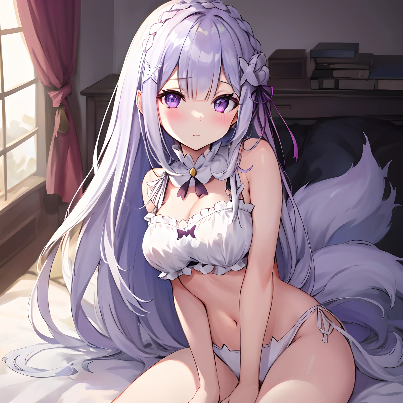 Emilia Re:Zero, white hair, white lingerie, x hair ornament, purple eyes, long hair, medium breasts, red eyes, fox girl, multiple tails, 1girl, solo,

(masterpiece:1.1), (best quality:1.1), (ultra-detailed:1.1), (illustration:1.1), medium breasts, cat lingerie, cleavage cutout, midriff, lingerie, looking at viewer,