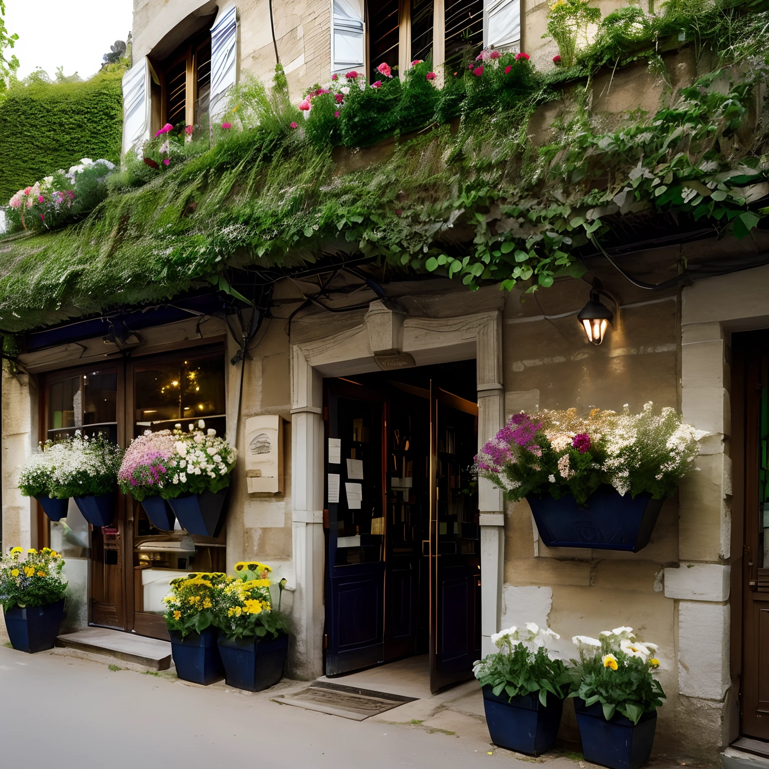 Flowers, Flower shop from the inside, (Realistic), photo, Modern Flower Shop, France, Best Quality, dynamic colors, Twists, Architectural streets, Large and beautiful bouquets of flowers, Vines, landscape, clean sky, Digital Painting, extra high resolution,