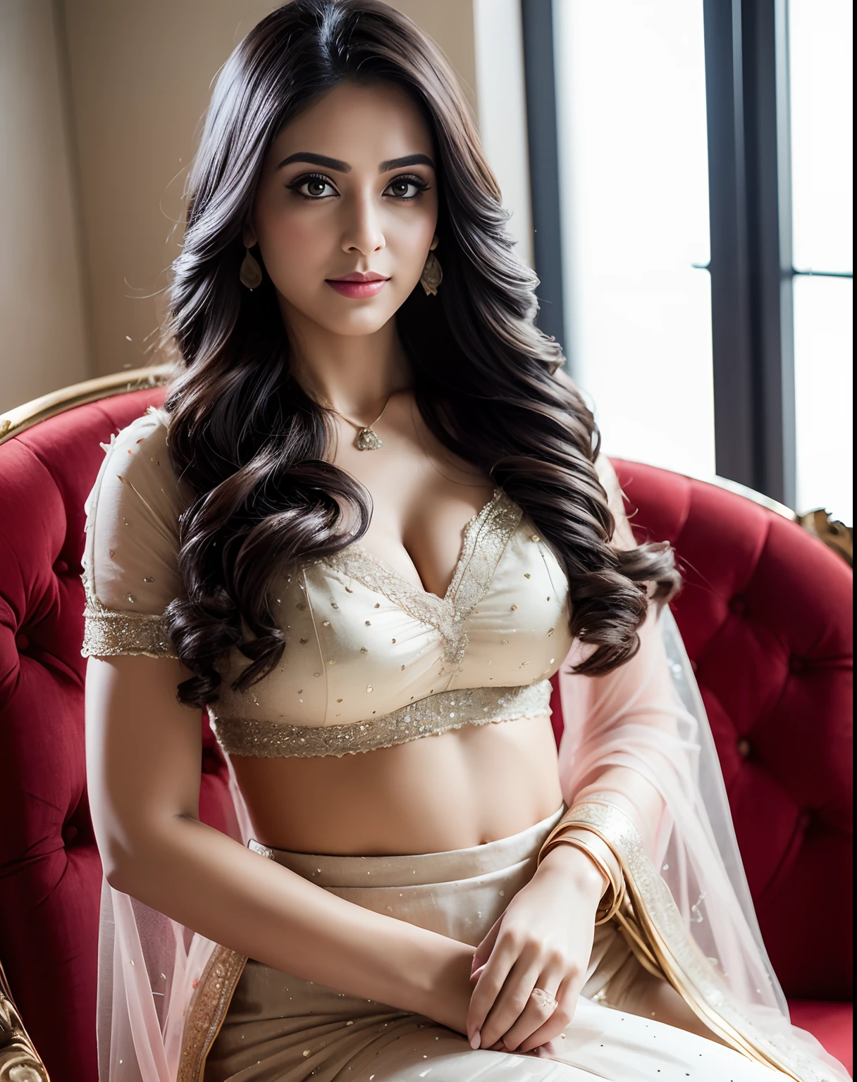 side topless portrait of A confident-looking indian woman princess with long flowing hair, hazel eyes, with flowing see-through royal saree and breast visible see-through blouse, wearing designer jewellery, designer royal gown,  c-cup breast sitting at chair, bokeh perfect composition, hyperrealistic, super detailed, 8k, high quality, trending art, trending on artstation, sharp focus,  photo shoot, intricate details, highly detailed, art by greg rutkowski