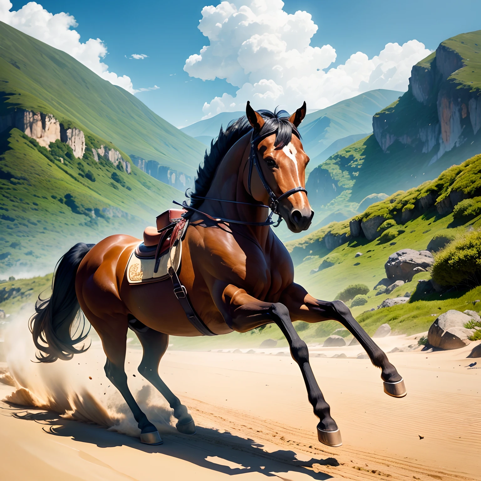 sandbeach,green mountains,A running steed