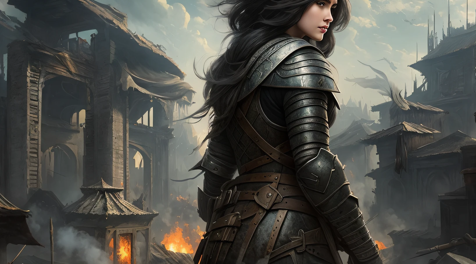 An Arad black-haired woman in armor walks through a ruined city, graphic artist magali villeneuve, magali villeneuve', inspired by Magali Villeneuve, Pan Chengwei on the roof, by Yang J, Artstation contest winner, cgsociety contest winner, in style of james paick, abaddon and magali villeneuve, best of artstation(((On the roof)))