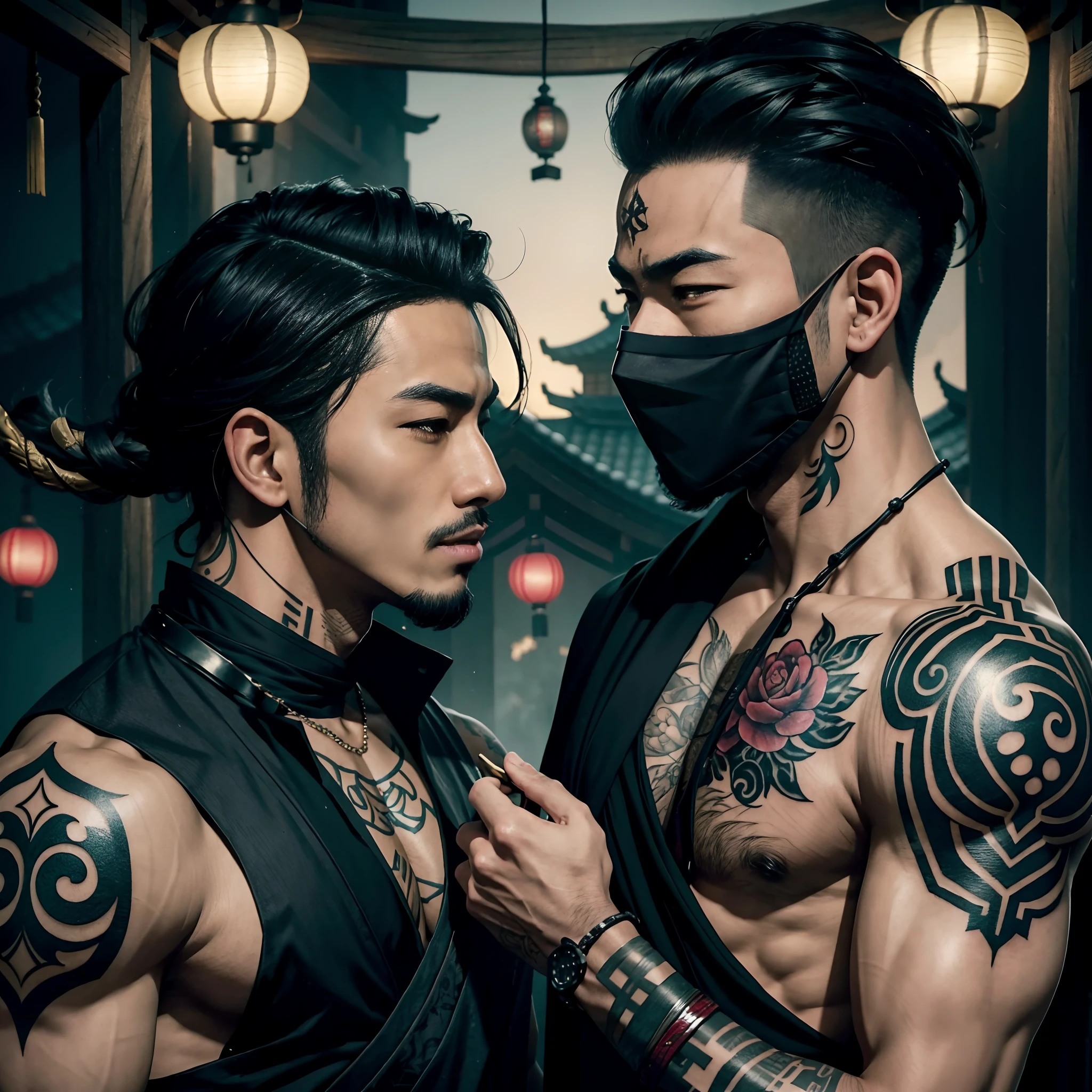 Two oriental men, Boyfriend, In the fun, roleplaying, One plays a sexy bandit,male people, A mask（black in color）, Kiss, Oriental lanterns, body defined, Beautiful, Oriental, Realistic, Cinematic, High quality, 16k, Best quality, High details, Super detail, Tattoos,