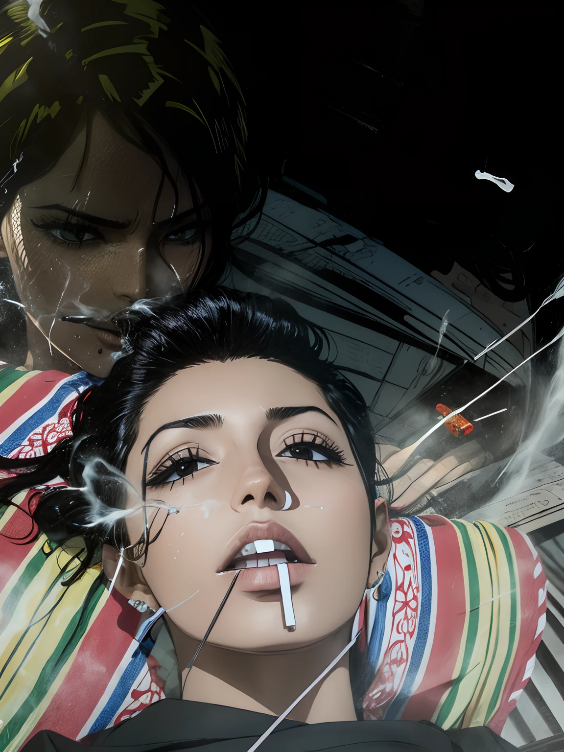 A man with a Cigarette in her mouth, black hair, ultra detail.