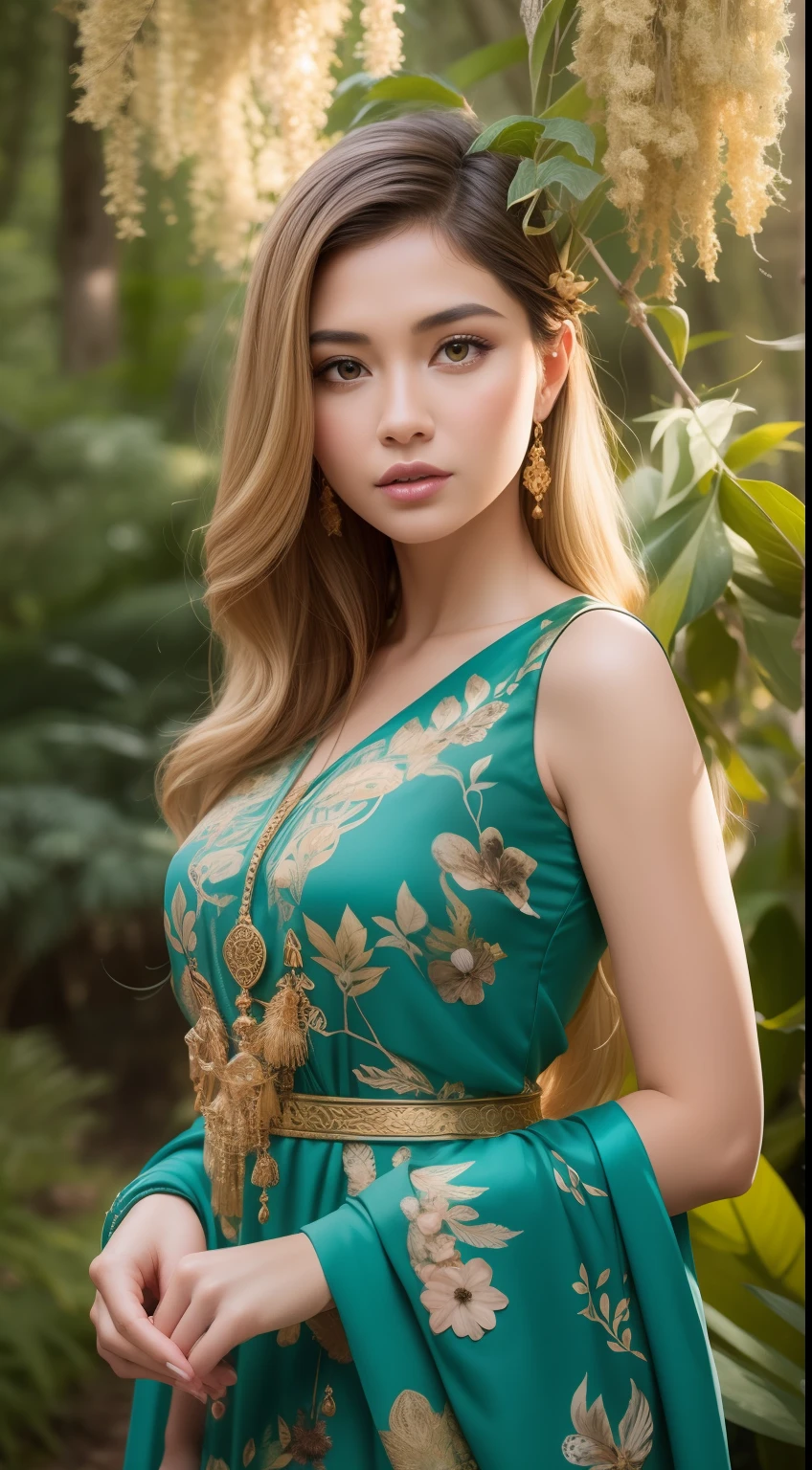 Create a mystical forest portrait with the Malay woman in an ethereal, flowy gown, medium blonde hair with bangs, posed among ancient trees and glowing mushrooms, embodying the enchantment of the woods.