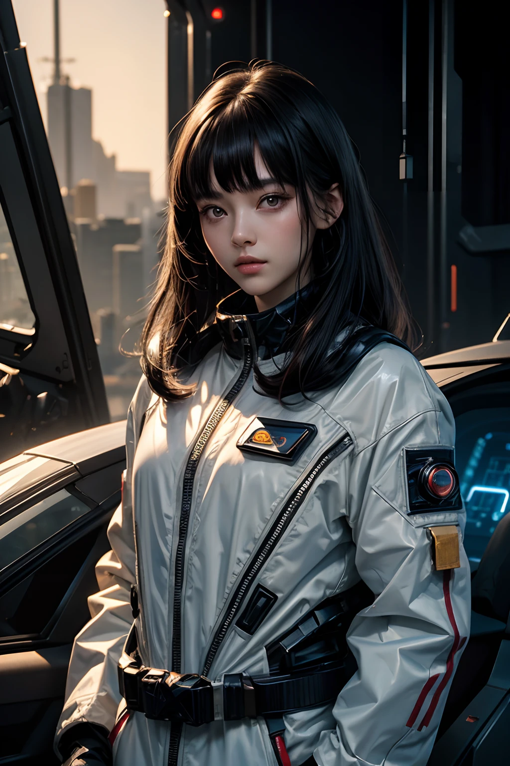 Beautiful woman with dark hair。20 years old。detailed face depiction。Bangs trimmed at the forehead。He wears something reminiscent of a U spacesuit.。Small spaceship on female background。8K image quality。Cyberpunk style。
