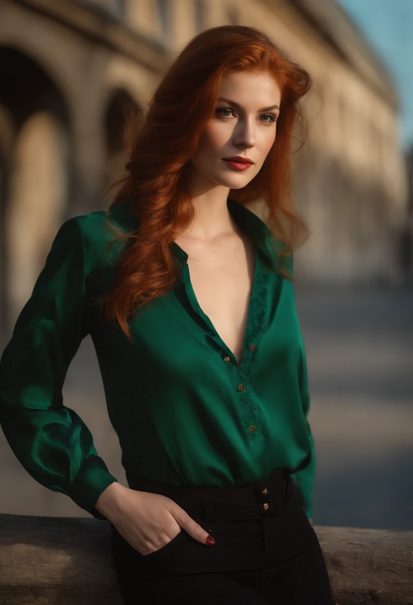 professionnel, (Photo 4k:1.1) par (Jeremy Lipking:0.3), (Dittmann Anna:0.3), (jiner:0.3), (mise au point nette:1.3), High detail, Porter (Chemise moulante:1.2), beautifull detailed face, A pretty woman with long red hair looks at the camera, resembling actress Katherine McNamara, Panasonic Lumix S Pro 50mm F/1.4, Anne Stokes, splash of color, dark orange and dark emerald, Ferrania P30, photo realist, (attractive young woman:1.3), (Seductive:1.1), (rougissant:1.1), Forme du corps du sablier, gros seins ronds, hanches larges, in the background of the city, Prendre un Selfie, Porter un pull, corps entier, trading, finance