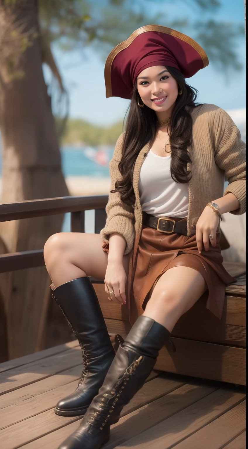 Capture the spirit of adventure as the Malay woman transforms into a pirate captain, wearing a weathered leather jacket, tricorn hat, and boots, posed on a pirate ship's deck.
