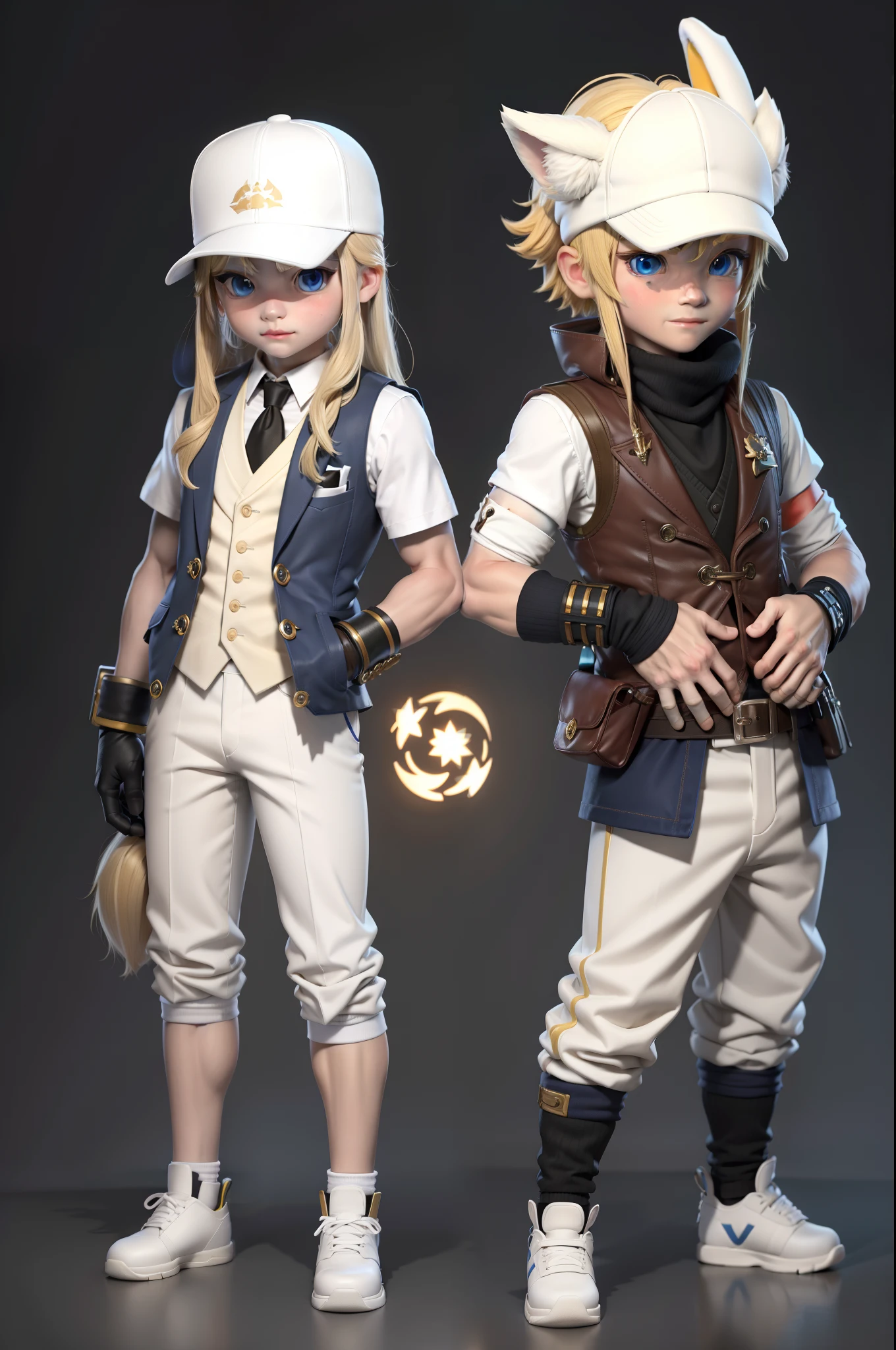 ((tmasterpiece,best qualtiy)),(complex lighting),,独奏,ssmile,eBlue eyes,blond hairbl,simplebackground,mitts,1 stuffed bunny ears cool boy,Hats,white backgrounid,full bodyesbian,malefocus,shoe,trouser,Fingerless gloves,vests,baseball cap,