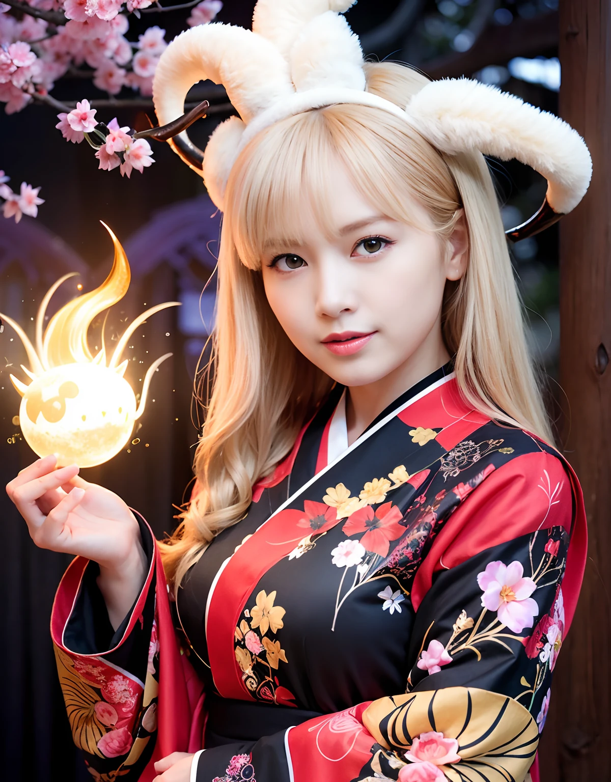 ((White ghost flies)),Professional , masterpiece、top-quality、photos realistic , depth of fields 、(Various poses)、(Background of cherry blossoms in full bloom),(Ultimate Beauty)、(A dark-haired)、(Fight ninjas)、Mystical expression、(Beautiful kimono)、(Night background)、(Precipitous cliffs)、((Devil's Wings Grow)),(Wear a kimono with a horror pattern),Armpit、(Wearing a beautiful kimono with colorful scary patterns)、Jewel Gold Weapon、Particles of light),(Has a devil's mask)、Gorgeous gold weapons ,Skeleton population、(( Gorgeous Dragon Sword)) , (a dark night),,(White ghost flies) 、((Black Haired Beautiful Girl))、(Castle background)、(demonic wings)、((Gangle's forest background))、Beautiful Caucasian beauty、1a person、dynamic ungle,(((Two devil's horns on the head)))、Smaller head、Idle Smile、Thin and beautiful female hands、Mystical expression、Light Effects、intense fighting、Wind-effect、magic circles、With the legendary magic wand、Dragon's tail、