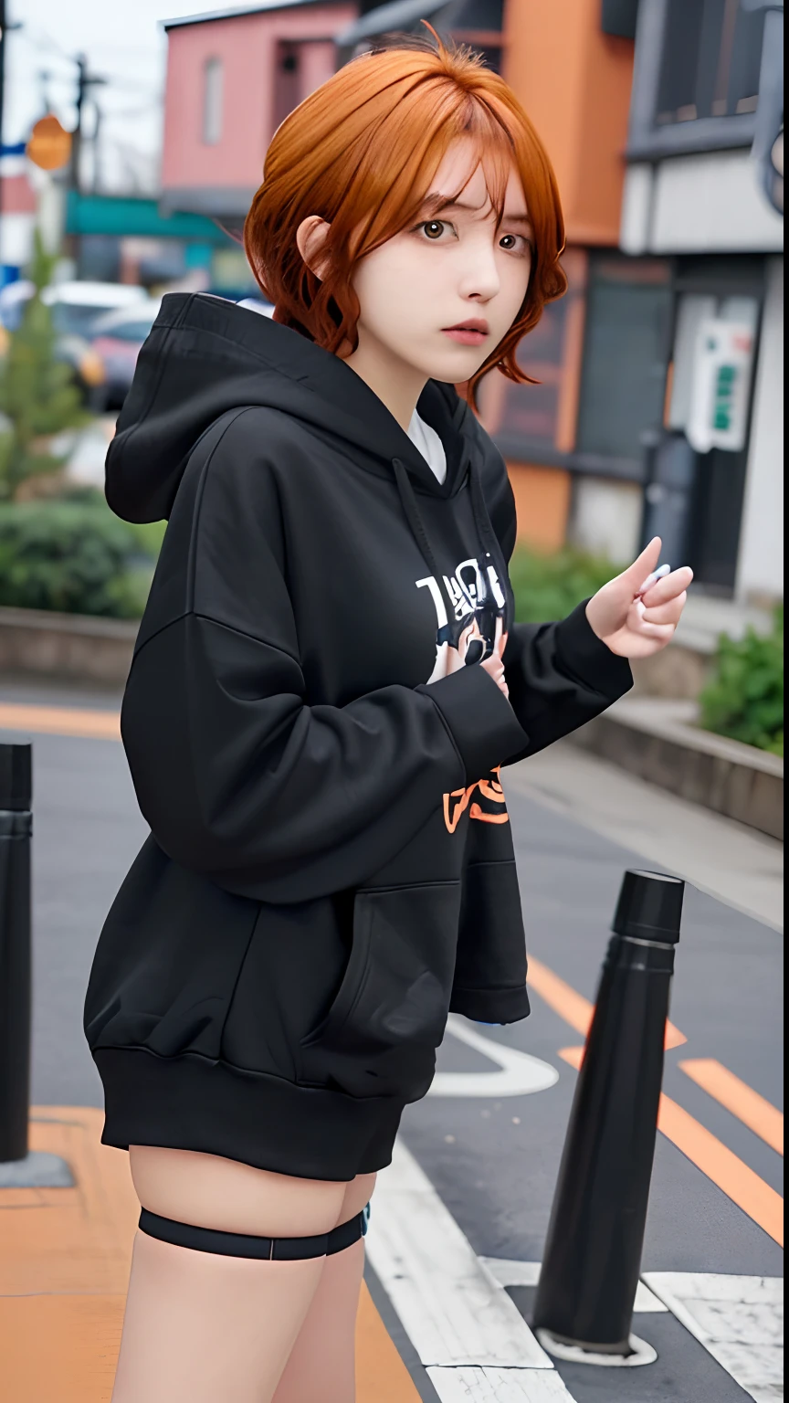 1girl, higuchi Madoka, black hoodie, shirt hair, orange hair, relistic, ultra detail, town background, 8k, 70mm lens,