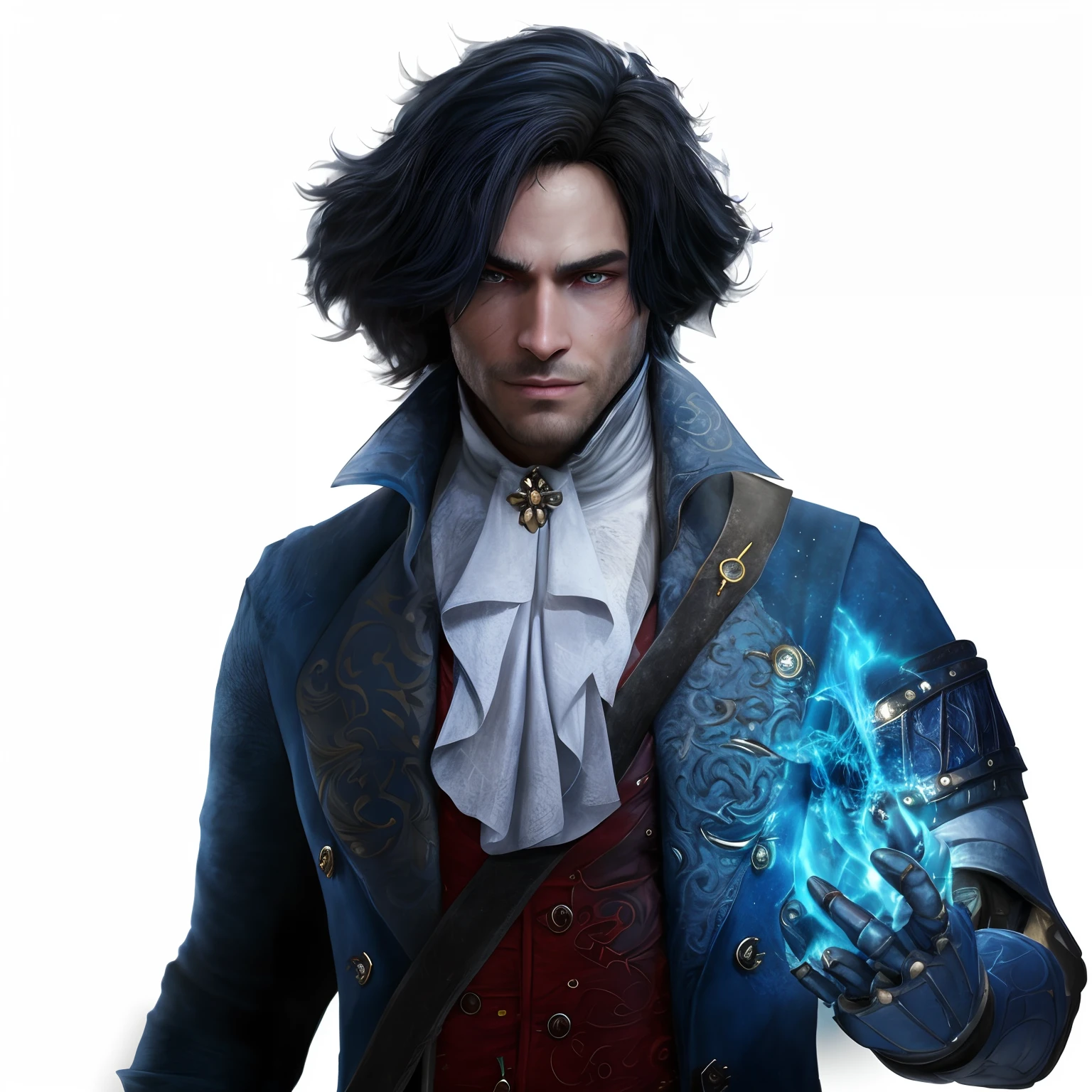 arafed image of a man in a blue coat holding a glowing object, maxwell render, official character art, picture of a male cleric, portrait of a bloodborne hunter, steel inquisitor from mistborn, epic exquisite character art, male artificer, portrait of fin wildcloak, alucard, attractive androgynous humanoid, character artwork