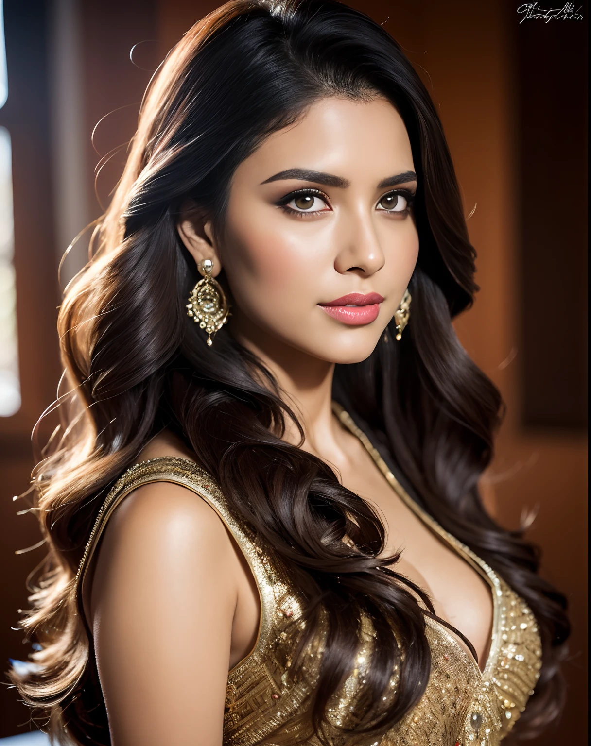 Portrait of A confident-looking indian princess from kamasutra with long flowing hair, hazel eyes and brown eyes,without flowing capes, in frock, c-cup breasts, In mall,  bokeh, perfect composition, hyperrealistic, super detailed, 8k, high quality, trending art, trending on artstation, sharp focus, studio photo, intricate details, highly detailed, art by greg rutkowski