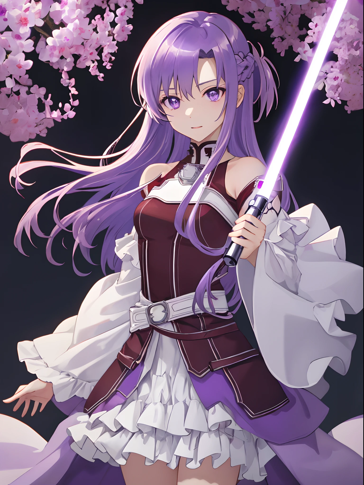 An ultra-high picture quality、(​masterpiece)、[[3D images:1.25]]、(top-quality:1.2)、 Solo,Grip the lightsaber, Fighting stance, illustratio、Red and white attire、full-body view,best pictures、(((\Asuna fell into the darkness with purple hair and purple eyes\)))、Attractive petite cute girl, Highly detailed CG Unity 8k wallpaper, [3D images:1.15],Attractive eyes、[[A detailed eye、Colorful eyes、radiant eyes:1.15]]Cowboy Shot,8ＫImagen