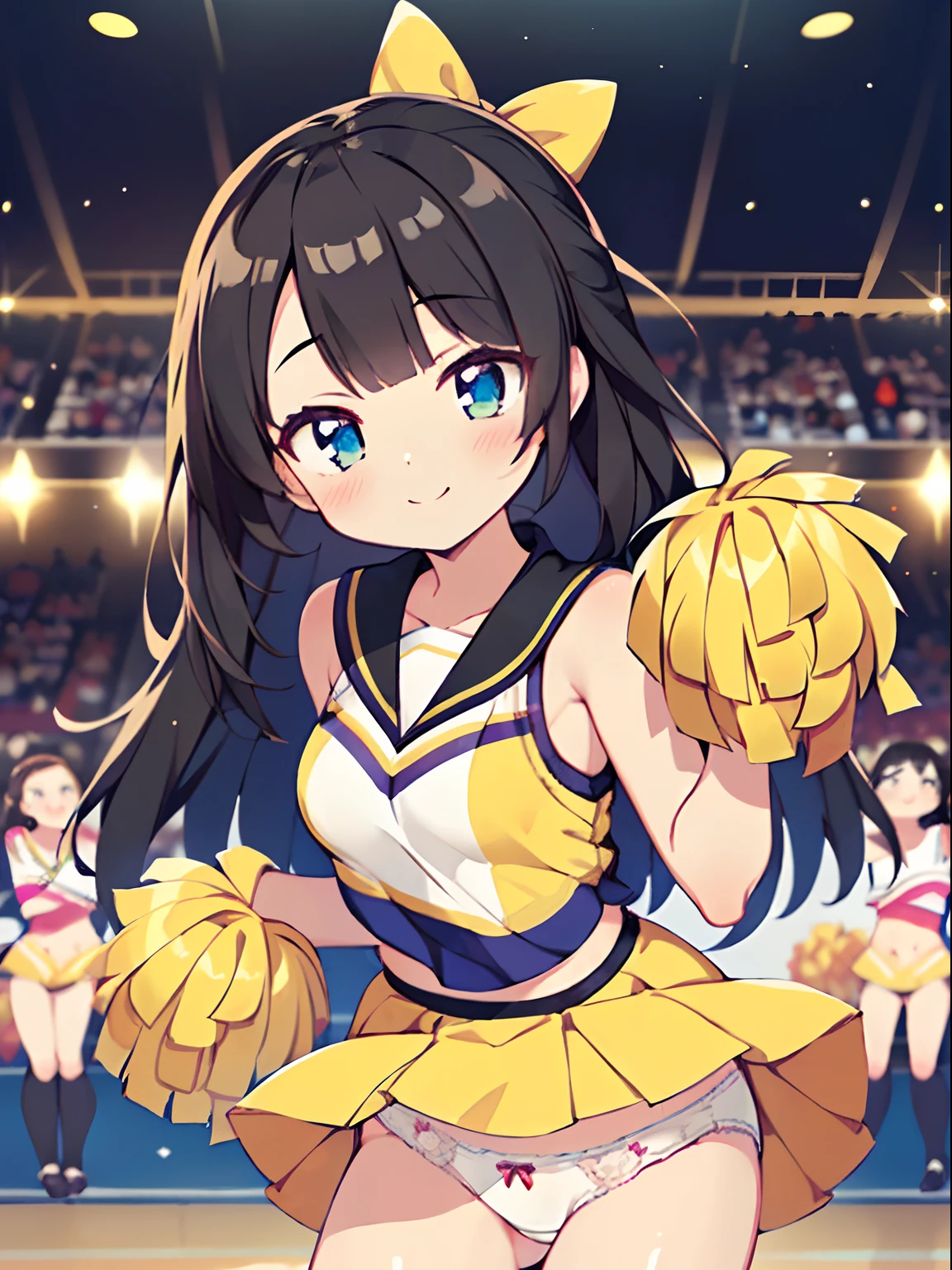 cheer girl, smile,cheer leading,Cheerleader Uniform, (((masutepiece))), (((Best Quality))), ((Ultra-detailed)), (Illustration), ((extremely delicate and beautiful)),(Bokeh,Blurry background),(Best Shadow), 1girl in,White panties, Black hair, Long hair, kawaii,Cute,Lori, Shine Highlight spots above the eyes, Character Focus,Head tilt,