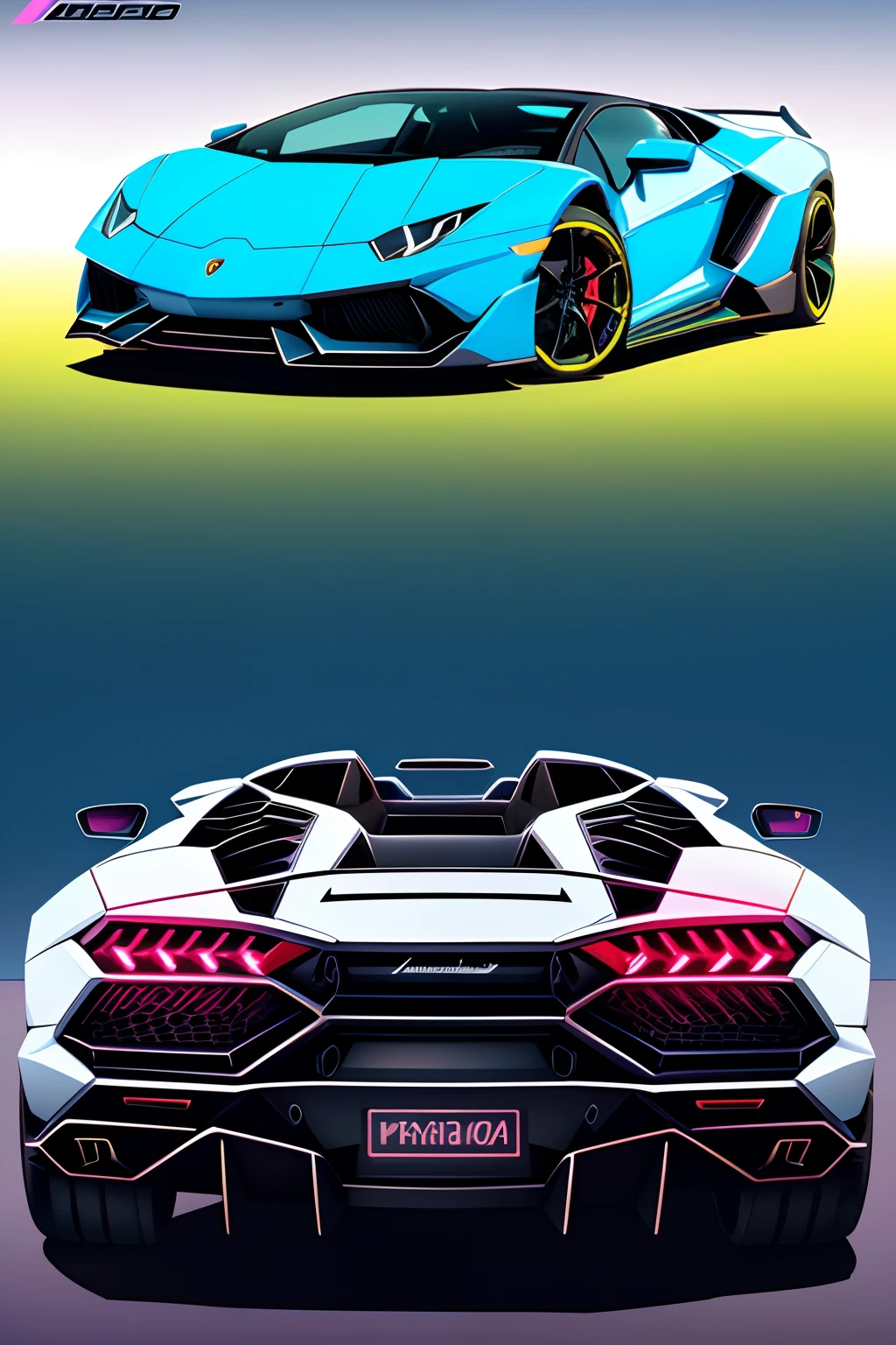 Lamborghini before sunset, vaporwave style, Neon style, Soft lines, Vector sticker art, Vector cores, intricately details, white backgrounid , 8K