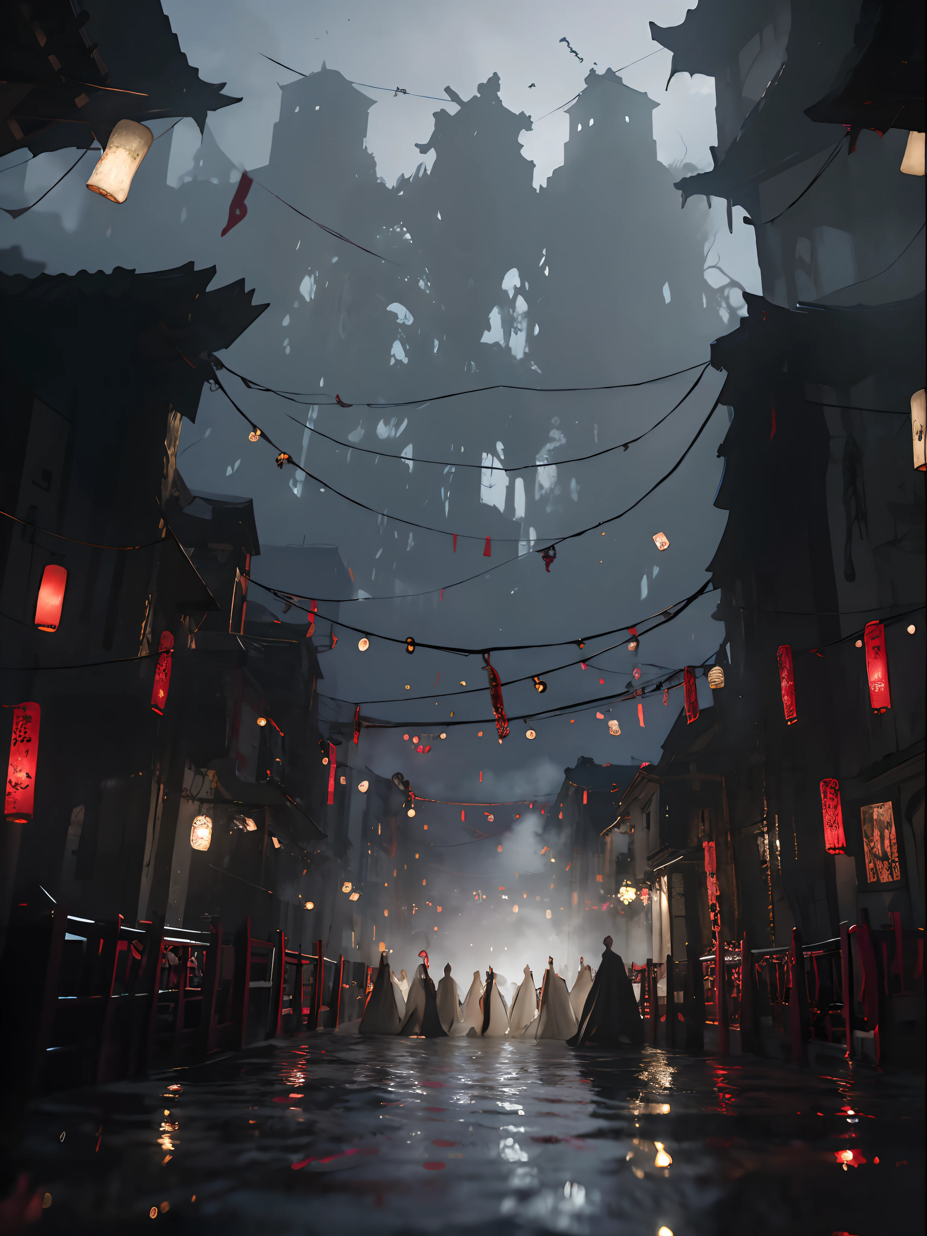 tmasterpiece,best qualityer,Horror ,Blurry painting style,Abstract painting style,funny faces,Hanging corpses,White light,(White lanterns hang on the streets),(White candles),(white-mist),(White paper floated in the air),,Funeral,A group of people dressed in white,Crying,Old house with carpeted floors,horror atmosphere,Ghost Festival