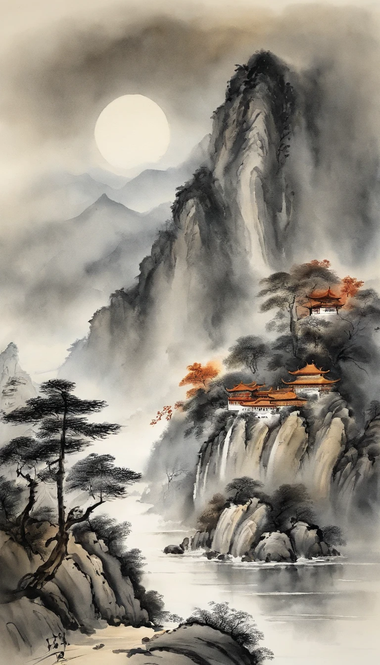Chinese landscape painting，ink and watercolor painting，water ink，ink，Smudge，Faraway view，Ultra-wide viewing angle，Meticulous，water ink，Smudge，Meticulous，Smudge，low-saturation，Low contrast，The sea rises and the moon rises，The light boat has crossed the Ten Thousand Heavy Mountains，Beautifully depicted，A detailed，acurate，Works of masters，tmasterpiece