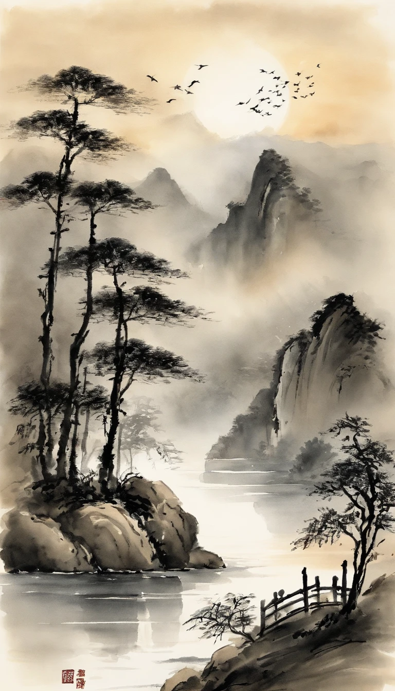 Chinese landscape painting,ink and watercolor painting,water ink,ink,Smudge,Faraway view,Ultra-wide viewing angle,Meticulous,water ink,Smudge,Meticulous,Smudge,low-saturation,Low contrast,The sea rises and the moon rises,The light boat has crossed the Ten Thousand Heavy Mountains,Beautifully depicted,A detailed,acurate,Works of masters,tmasterpiece