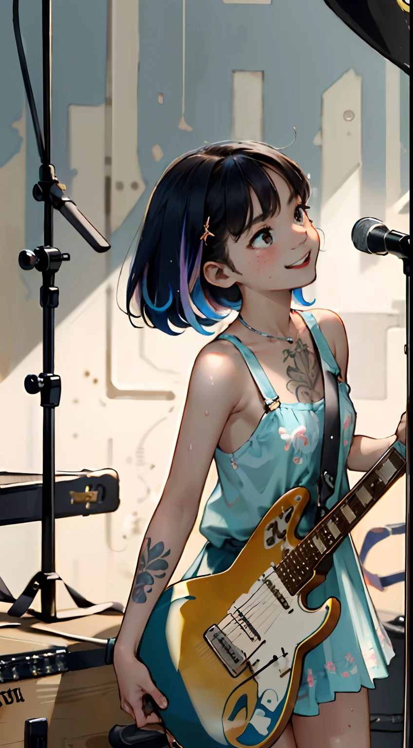 masterpiece, best quality, ultra-detailed, illustration, an extremely delicate and beautiful,high resolution, ultra-detailed,,perfect face,slender perfect body, Tight belly,Toned buttocks,Constricted waist,,(1 girl to band,guitar:1.7), yo,(1girl to colorful hair),(big smile),black sunglasses, (big tattoo),(1girl to very short hair), shy dashort stature,(rock and roll star:1.3),(small breasts),on a luxurious stage), (band girl),((very wide shot )),( sweaty skin:1.2),(low view:1.5)