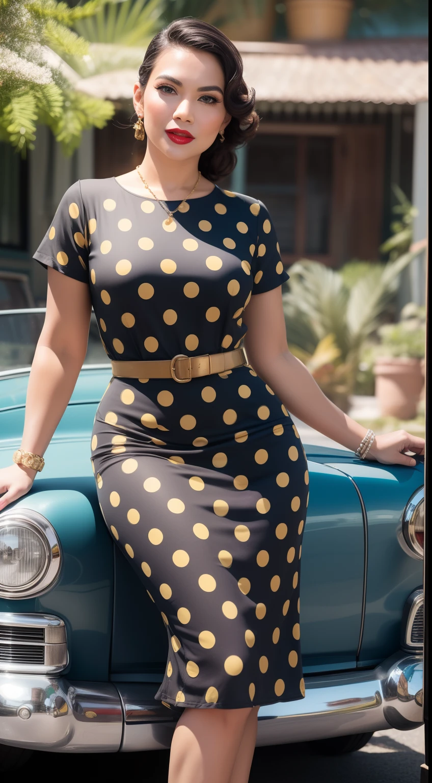 Design a glamorous vintage pin-up portrait where the Malay woman wears a classic 1950s polka-dot dress with a cinched waist and poses beside a retro car, evoking the charm of a bygone era.