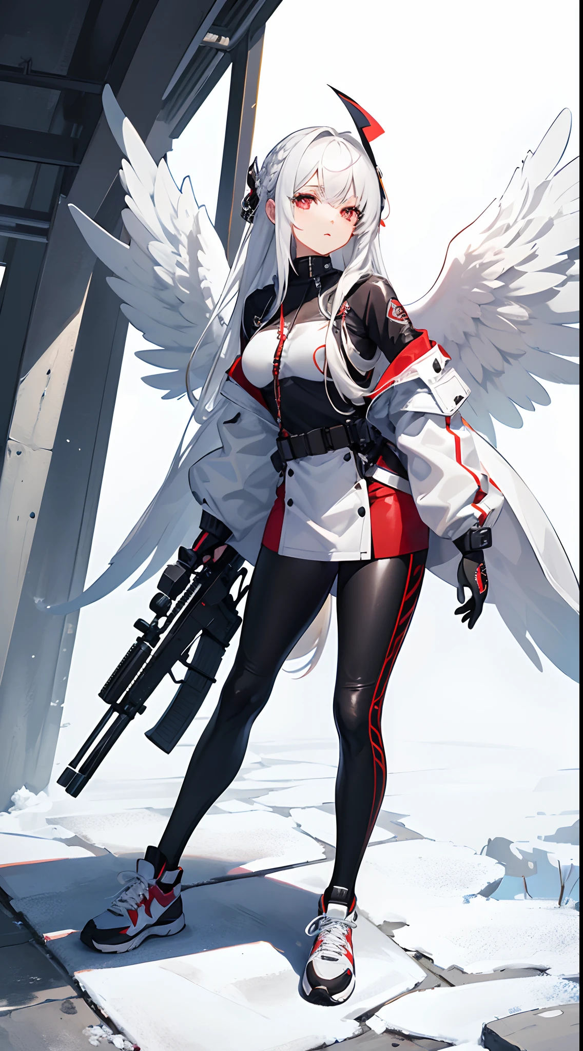 masterpiece,(bestquality),highlydetailed,ultra-detailed, cold , solo , ( 1girl ) , bishoujo , stare , red eyes , beautiful detailed eyes , long hair , white hair , silver hair , Wing-like bangs , Dull hair , ahoge , Hair rings , braid , ( tight jacket ) , ( leather pants ) , ( sneakers ) , ( carrying a sniper rifle )(Put your hands in your pockets)(The halo)(White wings)White background,white backgrounid,with a simple background,Standing painting style
