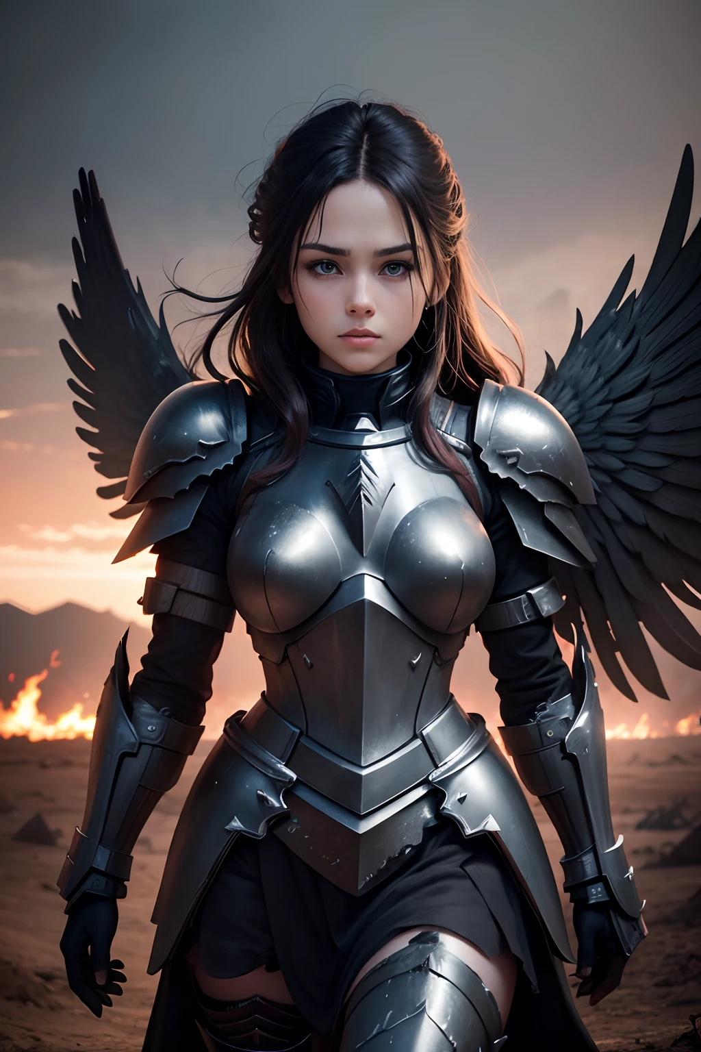 Dark angel in the battle armour. Mourning dark angel with scorched wings. Dusted battlefield on the background. Ultra HD. 32K