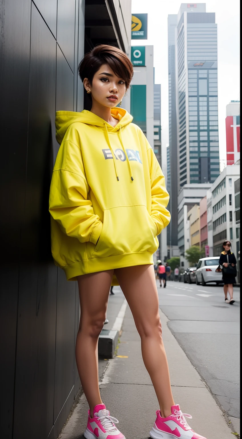 Create a dynamic urban portrait of the Malay woman in contemporary bright color streetwear, very short pixie haircut, striking a confident pose amidst a bustling cityscape, embodying modern fashion and style