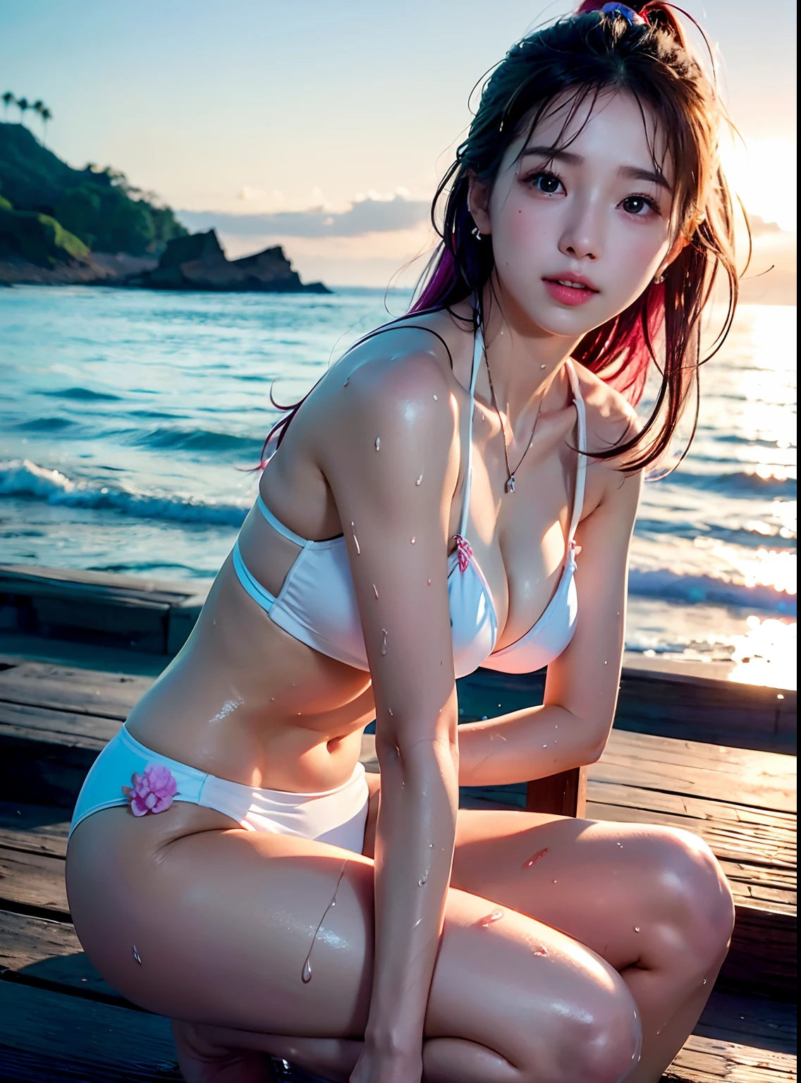 (1 girl:2), {best quality}, {{masterpiece}},  extremely detailed wallpaper,  beautiful detailed eyes ,{{a beautiful hairpin}},best quality, ultra high res, (photo realistic:1.4),solo , (pov:1),(looking at camera:1), (symmetry:1.2), 18 years old, (pale skin),(aegyo sal:1.0), smiling, (small breasts:1.4), (close-up:1.2), look up, wide perspective, from below, 
 full body,
sunlight, light on face, sunset,
(realistic humid skin:1), (soaked body:1.3), (beautiful face:1.1),    (long ponytail hair:1),  ((super wet skin)),  (pink hair:1), platinum_hair,lilac_hair,

head tilt, turning around, looking back, smelling, hand_to_mouth, v, waving, salute, leg hold, leg_lift,  fetal position, on_stomach, squatting, sitting, indian_style, leg_hug, hug, sleeping, holding_hands, arms behind head, hand on another's hip, stretch, 


white bikini, bikini,string bikini,  necklace,hair_flower,earrings, hair_flower,



in hawaii, sea, sky, mountain,    beautiful detailed sky,  in water,  in the ocean,

PureErosFace_V1,  (ulzzang-6500:0.3),