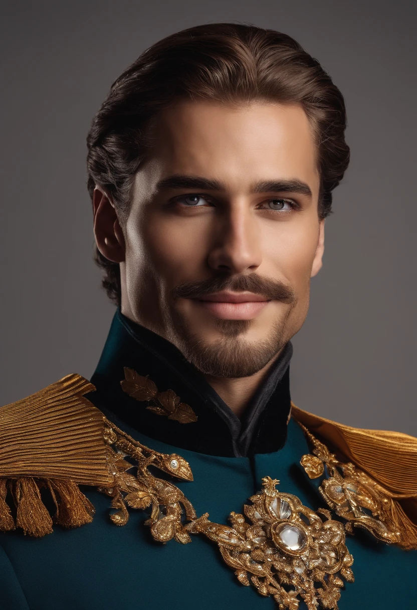 the best quality,Ultra detailded,Realstic:1.37,bel homme,beau visage,Detailed honey-colored eyes,Strong Jawline,barbe de chaume,beau sourire,Costume chic,Elegant hair,rabid,Security Posture,chevalier,look captivant,well groomed,professionnel,Appearance of the model,couleurs vives,studio lighting,ton de couleur chaud,milieu:portrait