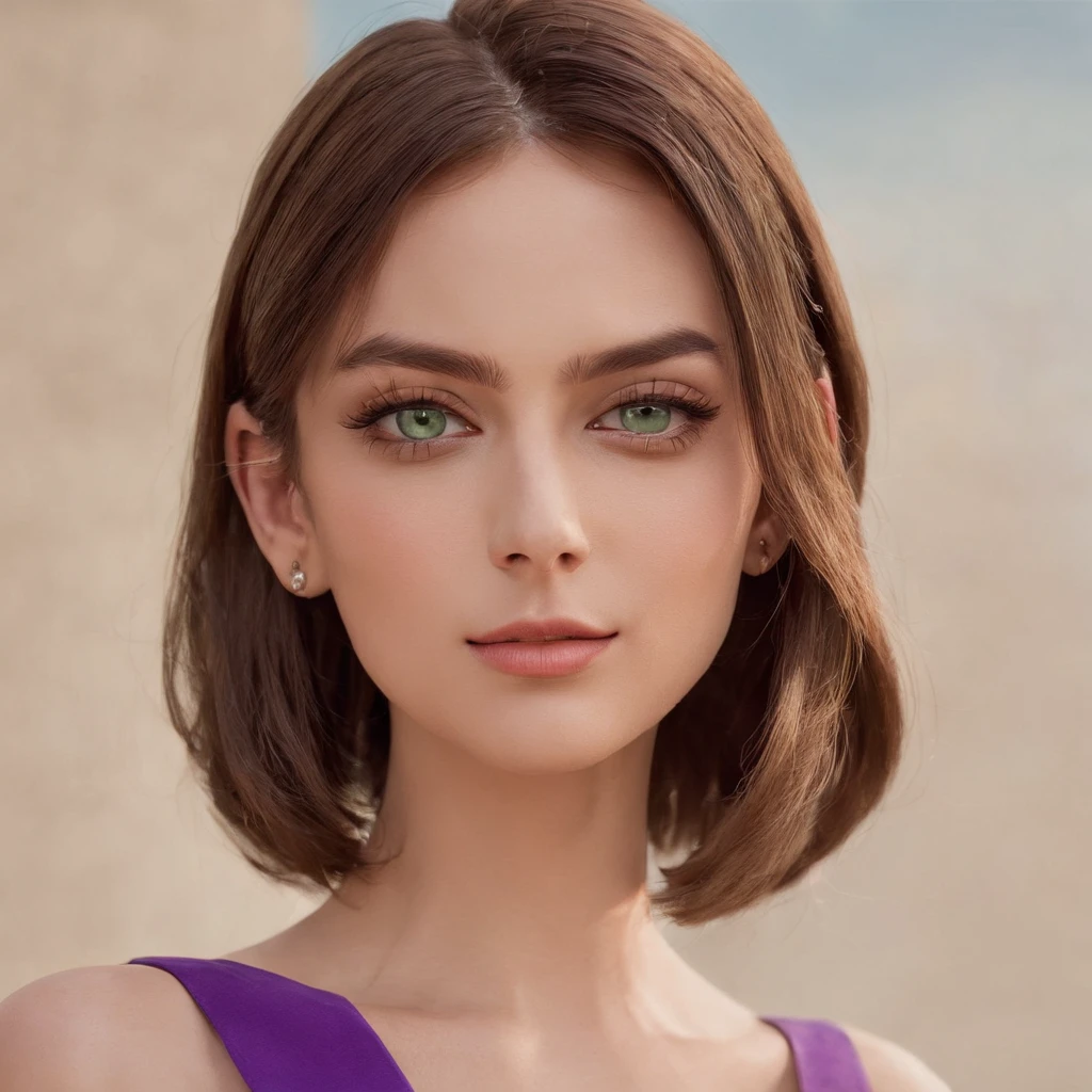 Girl, sharp features, square jaw, Beautiful face, Soft Blunt Bob hairstyle, Detailed hair, Perfectly detailed green eyes, Expressive large eyes, medium breasts, Cropped purple top with a pronounced neckline, At the hotel swimmingpool on the roof, Full realistic photo of tanned skin, visible pores, Detailed moles, visible folds of skin, Pronounced bones, slim, Smiling, Detailed earrings, In focus