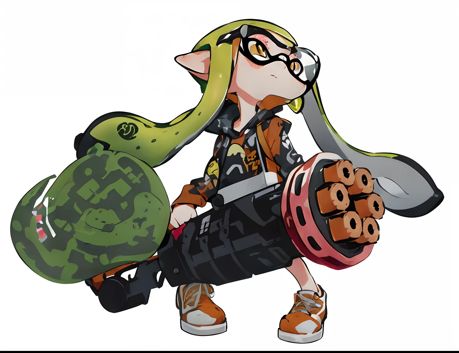 Cartoon image of a girl with a backpack and gun, Splatoon 3, with splatoon style, Splatoon, squids, squid, Official art, video game characters designs, With a tattoo of squid, I have a squid tattoo on my arm, Squid attack, Official Character Art, hq artwork, splashcreen character art, furraffinity!!!!, video game character art
