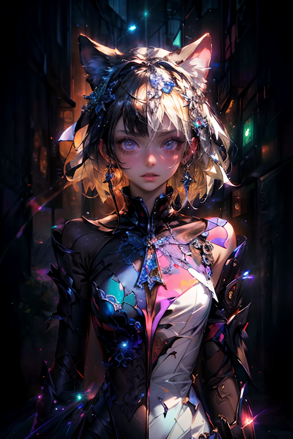 Background stained glass glitter super masterpiece、Insanely detailed infographic drawings、neons 、Cat's ears、Blonde Girl Cyberpunk Vast Art、Fractal Art 、Lots of black and silver、Intricate purple details、Volumetric lighting、BREAK Realism(master piece: 1.2) , (Top image quality), 4K, The ultra-detailliert, (dynamic compositions: 1.4), high detailing, Colorful Detail, (Irridescent color: 1.2), (Bright lighting, Atmospheric lighting), dream-like, Magical, (独奏: 1.2)
