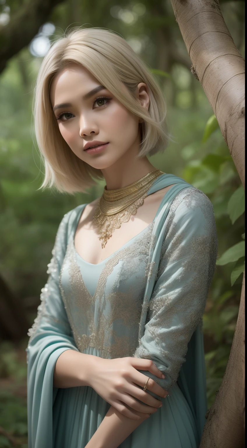 Create a mystical forest portrait with the Malay woman in an ethereal, flowy gown, short bob white hair with bangs, posed among ancient trees and glowing mushrooms, embodying the enchantment of the woods.