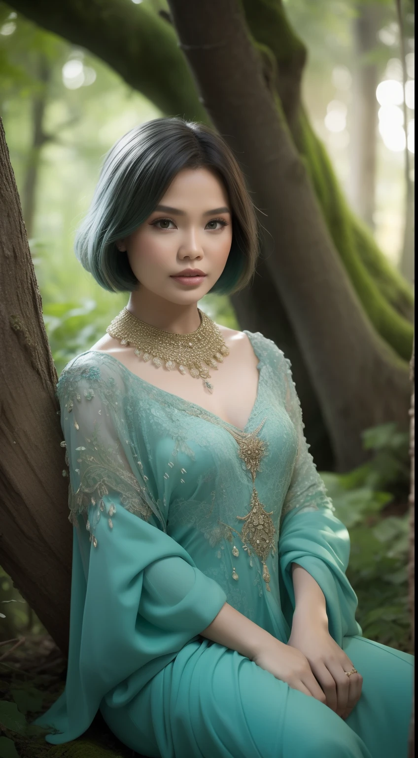 Create a mystical forest portrait with the Malay woman in an ethereal, flowy gown, short bob white hair with bangs, posed among ancient trees and glowing mushrooms, embodying the enchantment of the woods.