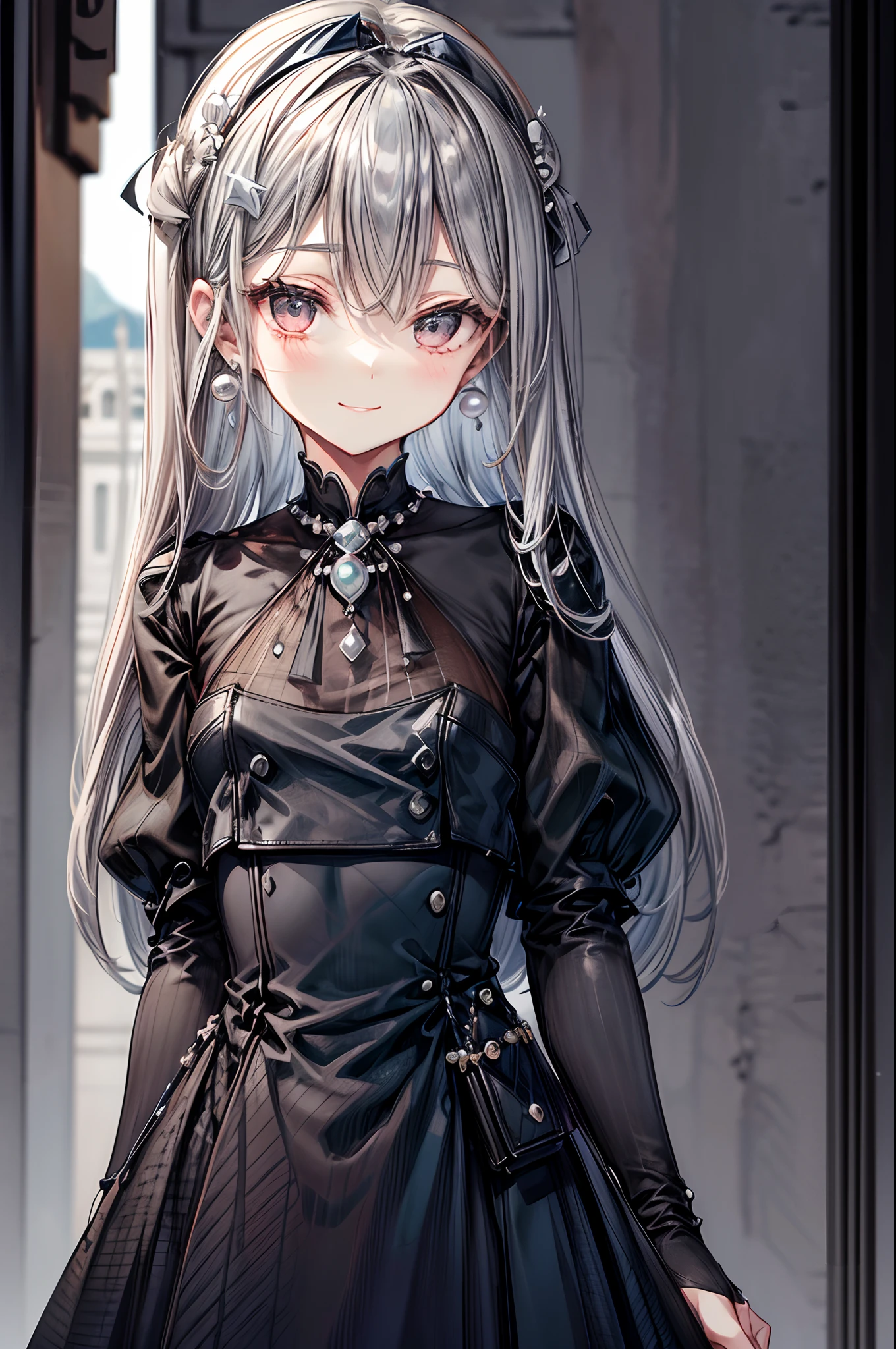 1 girl, silver long hair, smile, (A classic little black dress paired with pearl earrings and a clutch bag), (upper body:1.2), close up to face, Illustration with depth, horizon, (perspective:1.2),Outlook,distant scenery,distant