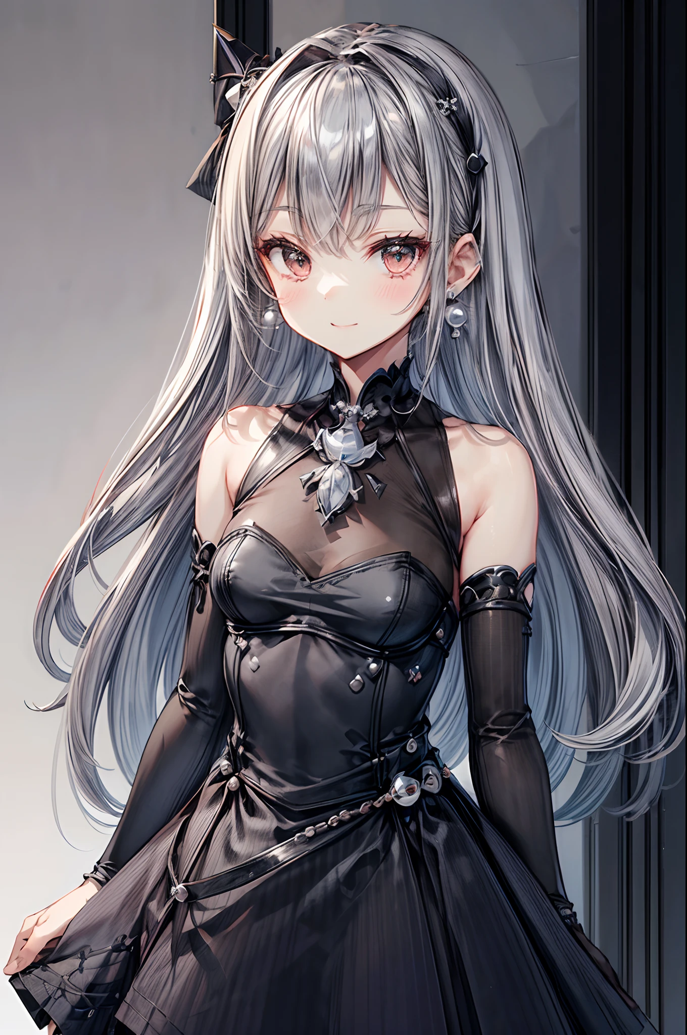 1 girl, silver long hair, smile, (A classic little black dress paired with pearl earrings and a clutch bag), (upper body:1.2), close up to face, Illustration with depth, horizon, (perspective:1.2),Outlook,distant scenery,distant