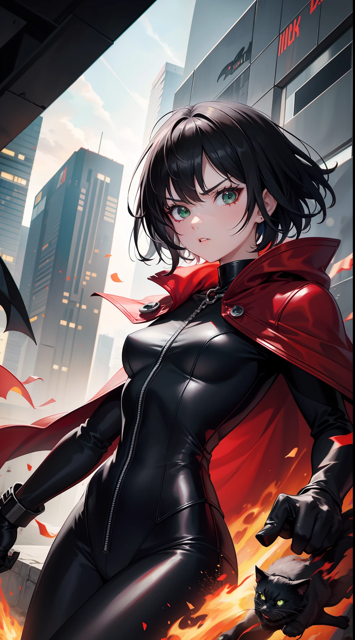 young girl, short black hair, Green eyes, angry, superhero, Spawn of Hell, black catsuit, White Elements, red coat, Demonic Chains, hiquality, 4k, HD, Good detail