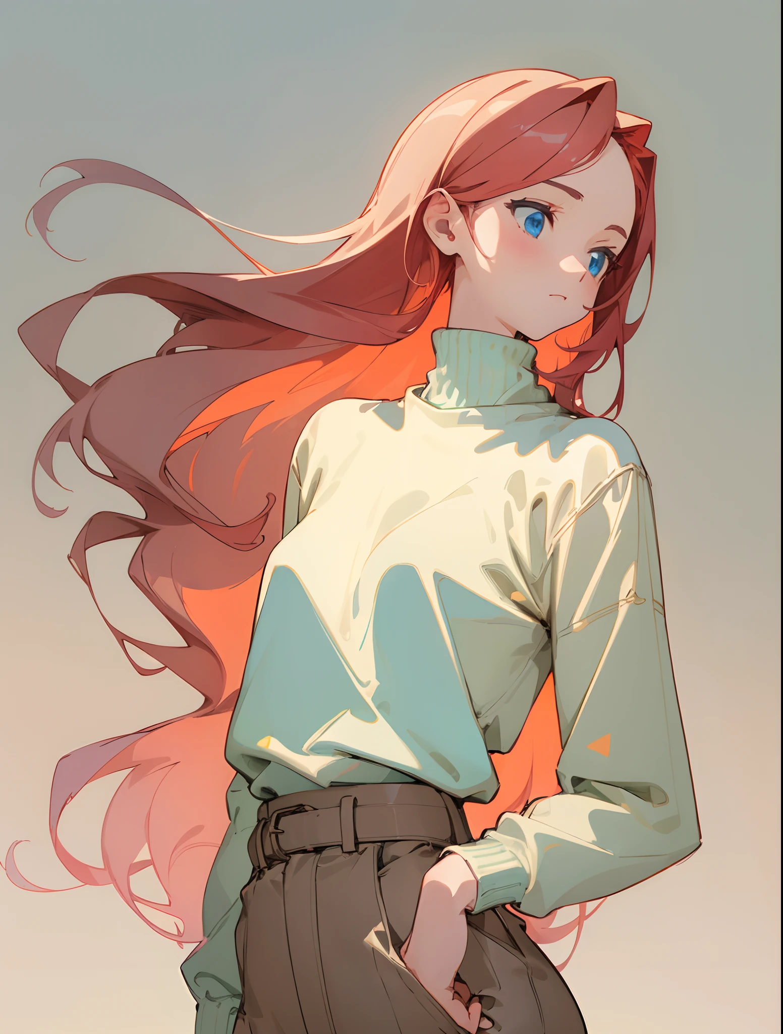 (masterpiece, best quality) detailed, 1Character , blue archive art style , pastel washed out colors , cell shade , soft, muted shades ,gentle colors ,
((portrait)), white turtleneck sweater, beige pants, confident pose for the camera), brown belt cinching pants, elegant and stylish tan pants and beige sweater, poise and fashion-forwardness, capture a moment of self-assuredness), high quality, HD, 4k, soft light from the side, trending on Instagram, trending on ArtStation, fashion model, trendy, stylish, minimalist background, clean composition, Beautiful woman , very long hair , red hair , bright blue eyes , small waist, large chest , age 26