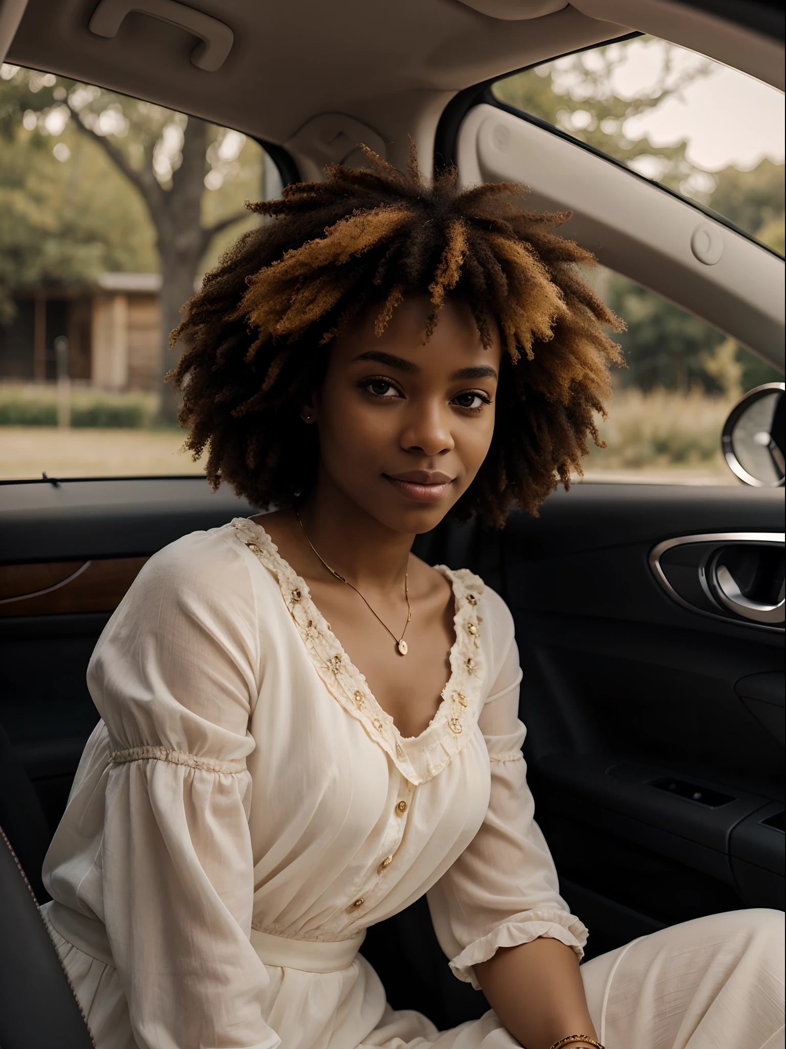 corps entier , beau visage, curly hair,Warm light and clear complexion, afro-american, Detailed, ultra quality, poitrine claire, mignonne, adorable, chemise blanche et mini jupe assis dans une voiture