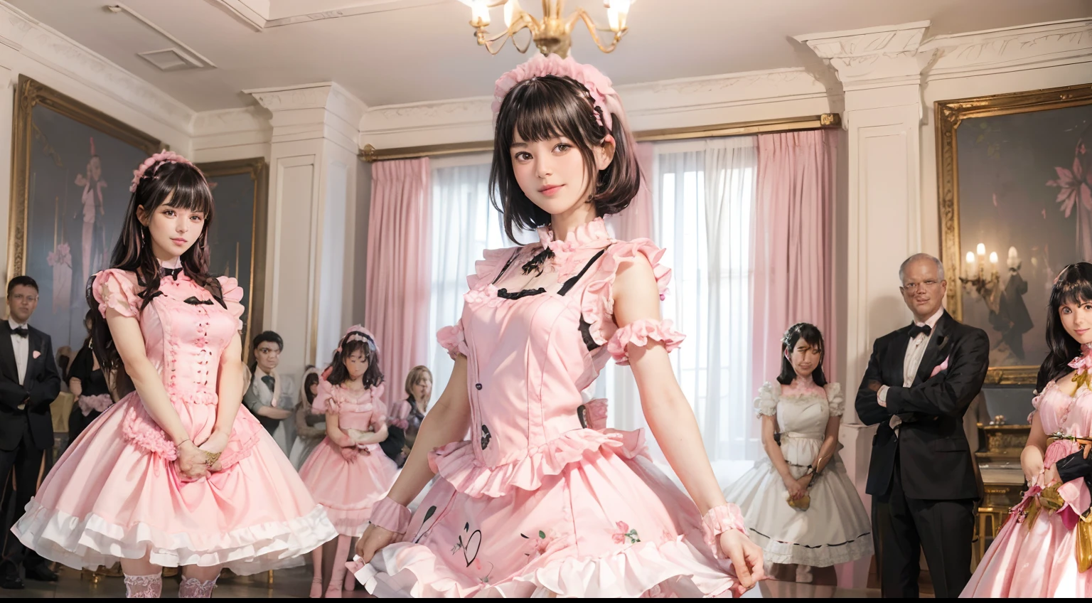 07
(Black Shorthair:1.3), (a 20 yo woman), (A hyper-realistic), (Masterpiece), (8KUHD), Beautiful woman, a smile, (Wearing a cute pink maid outfit:1.3), (Maid clothes with floral patterns:1.2), Spacious and luxurious entrance, Standing in a room with a large depth, Focus on the face, (depth of fields)