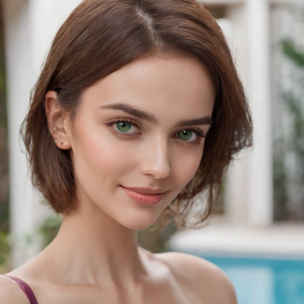 Girl, sharp features, square jaw, Beautiful face, Soft Blunt Bob hairstyle, Detailed hair, Perfectly detailed green eyes, Expressive large eyes, medium breasts, Cropped purple top with a pronounced neckline, At the hotel swimmingpool on the roof, Full realistic photo of tanned skin, visible pores, Detailed moles, visible folds of skin, Pronounced bones, slim, Smiling, Detailed earrings, In focus