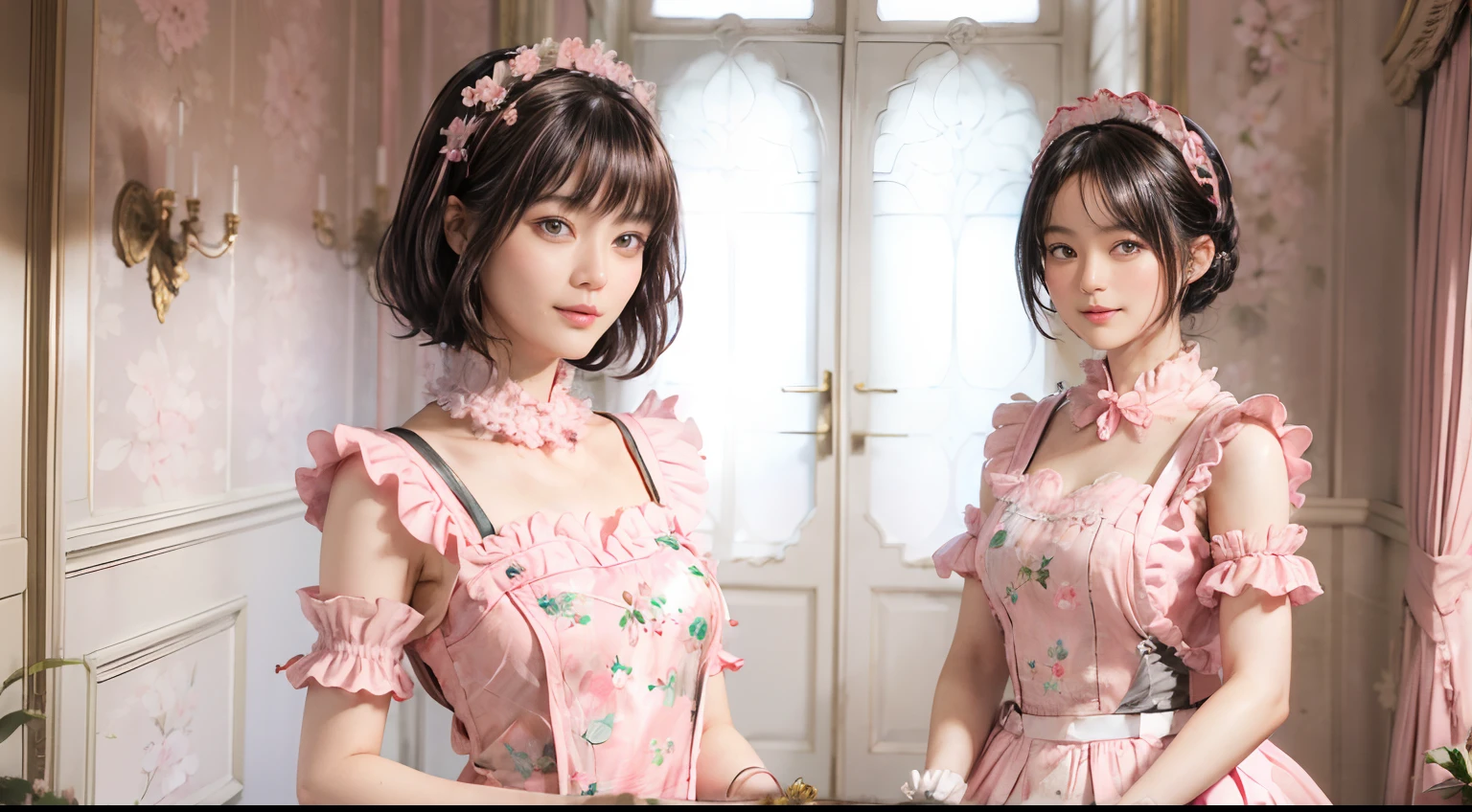 07
(Black Shorthair:1.3), (a 20 yo woman), (A hyper-realistic), (Masterpiece), (8KUHD), Beautiful woman, a smile, (Wearing a cute pink maid outfit:1.3), (Maid clothes with floral patterns:1.2), Spacious and luxurious entrance, Standing in a room with a large depth, Focus on the face, (depth of fields)