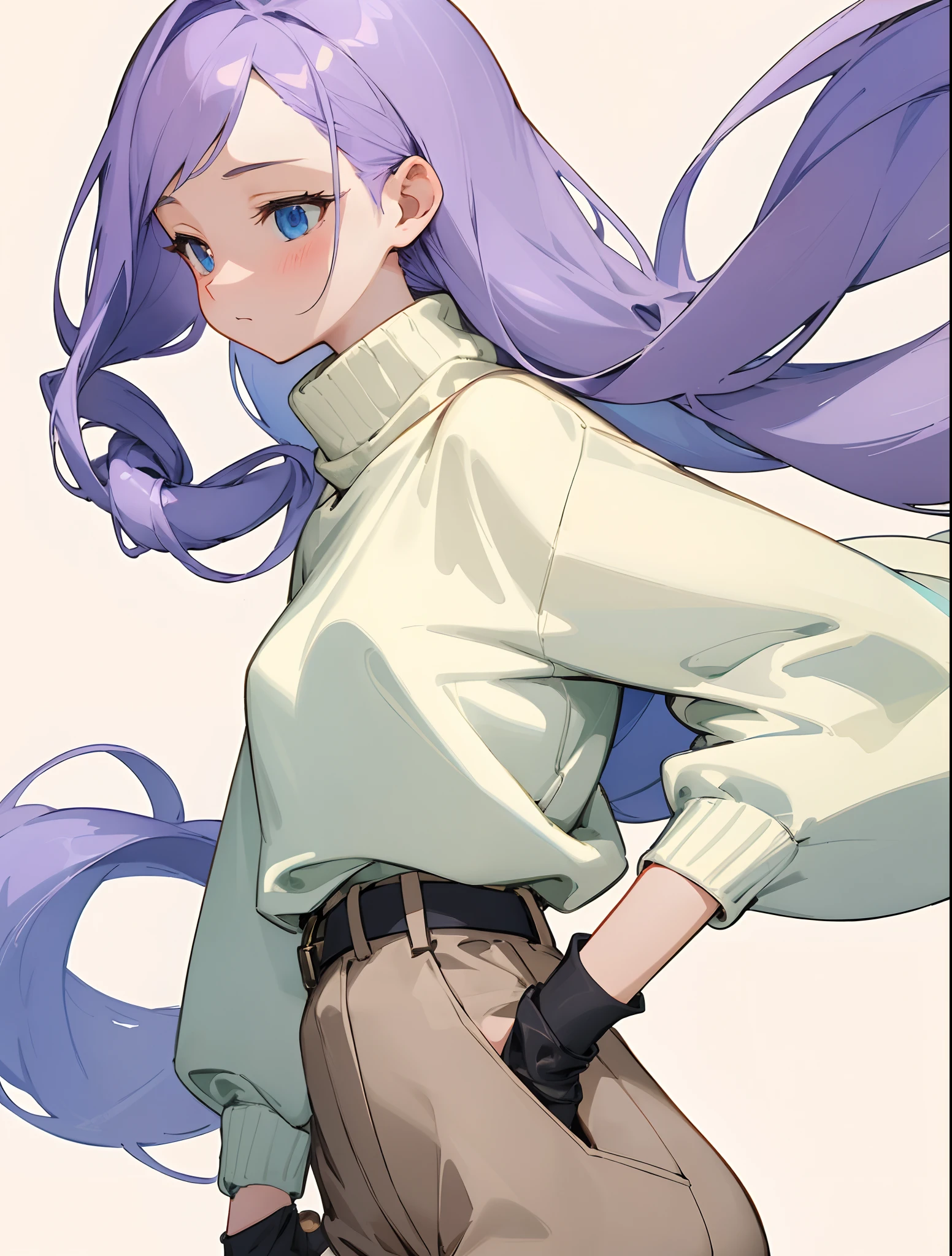 (masterpiece, best quality) detailed, 1Character , blue archive art style ,  pastel washed out colors , cell shade , soft, muted shades ,gentle colors ,
((portrait)), white turtleneck sweater, beige pants, confident pose for the camera), brown belt cinching  pants, elegant and stylish tan pants and beige sweater, poise and fashion-forwardness, capture a moment of self-assuredness), high quality, HD, 4k, soft light from the side, trending on Instagram, trending on ArtStation, fashion model, trendy, stylish, minimalist background, clean composition, Beautiful girl , extremely long hair , twin drills hair style , purple hair , blue eyes , age 23