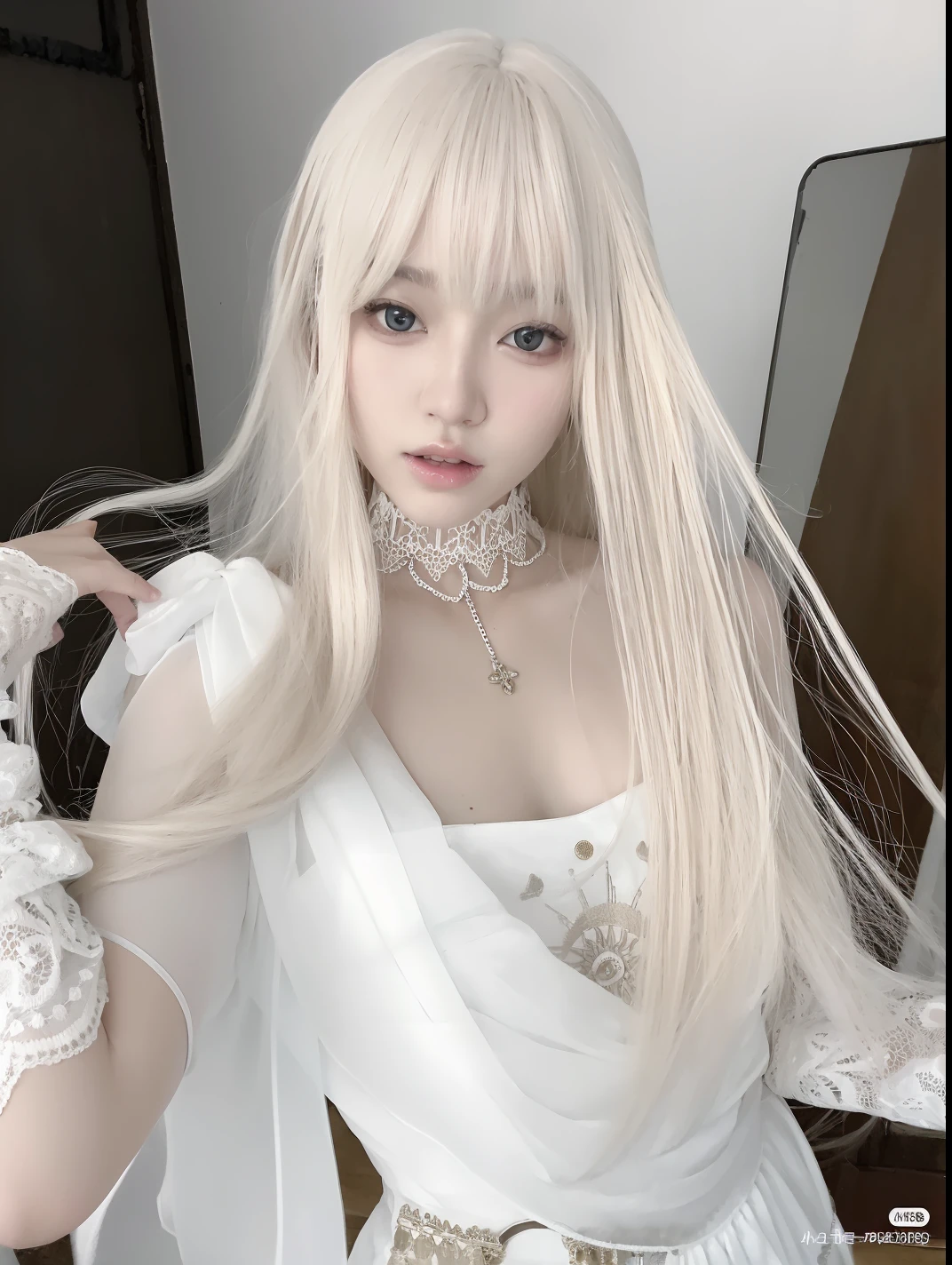 de cabelos loiros com vestido branco e luvas de renda posando para uma foto, longos cabelos brancos e franja, com cabelos longos brancos, com longos cabelos brancos, branco hime corte penteado, pale milky white porcelain skin, cabelos longos brancos!!, Ulzzang, cabelos longos brancos, cabelos lisos longos e brancos, longos cabelos brancos, meninaita de cabelos brancos, pale porcelain white skin, Scenery of a dark magical forest, magical forest (alta qualidade) tall resolution