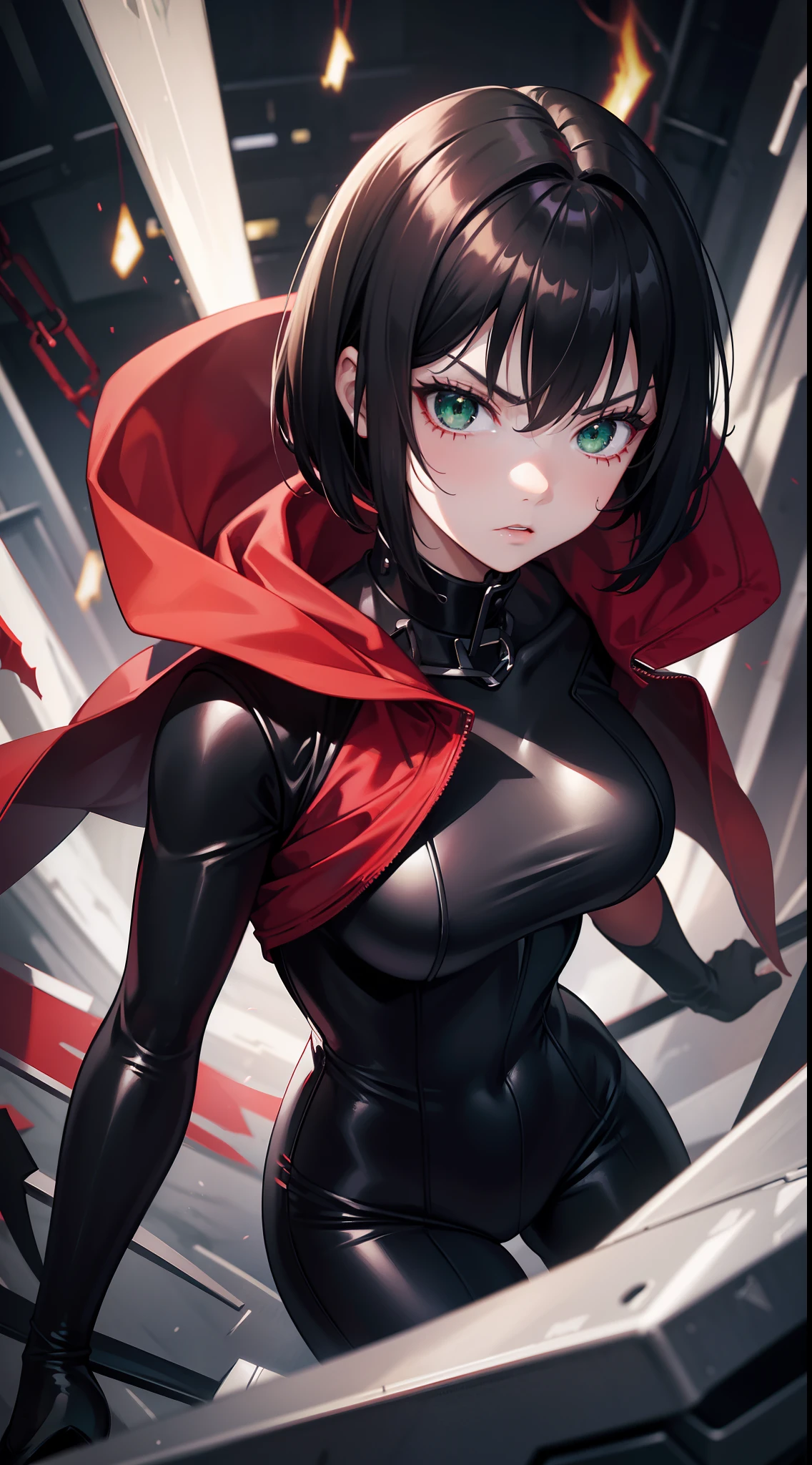 young girl, short black hair, Green eyes, angry, superhero, Spawn of Hell, black catsuit, White Elements, red coat, Demonic Chains, hiquality, 4k, HD, Good detail