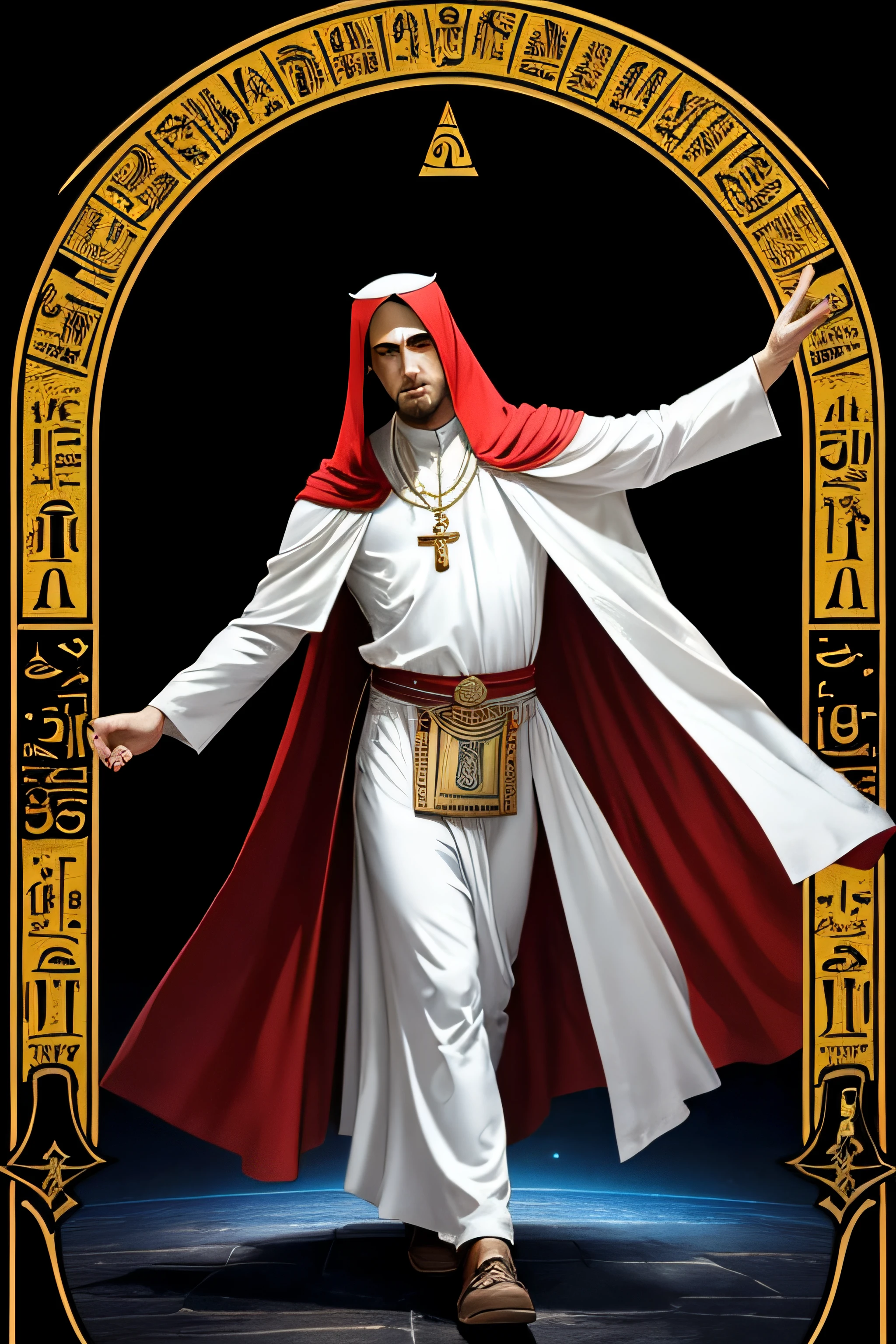 man, Egypt, Tarot cards, priest, Full-body stand, Long red veil, Raise your right hand..., Left hand pointing to the floor..., White shirt, Straight head, face detail